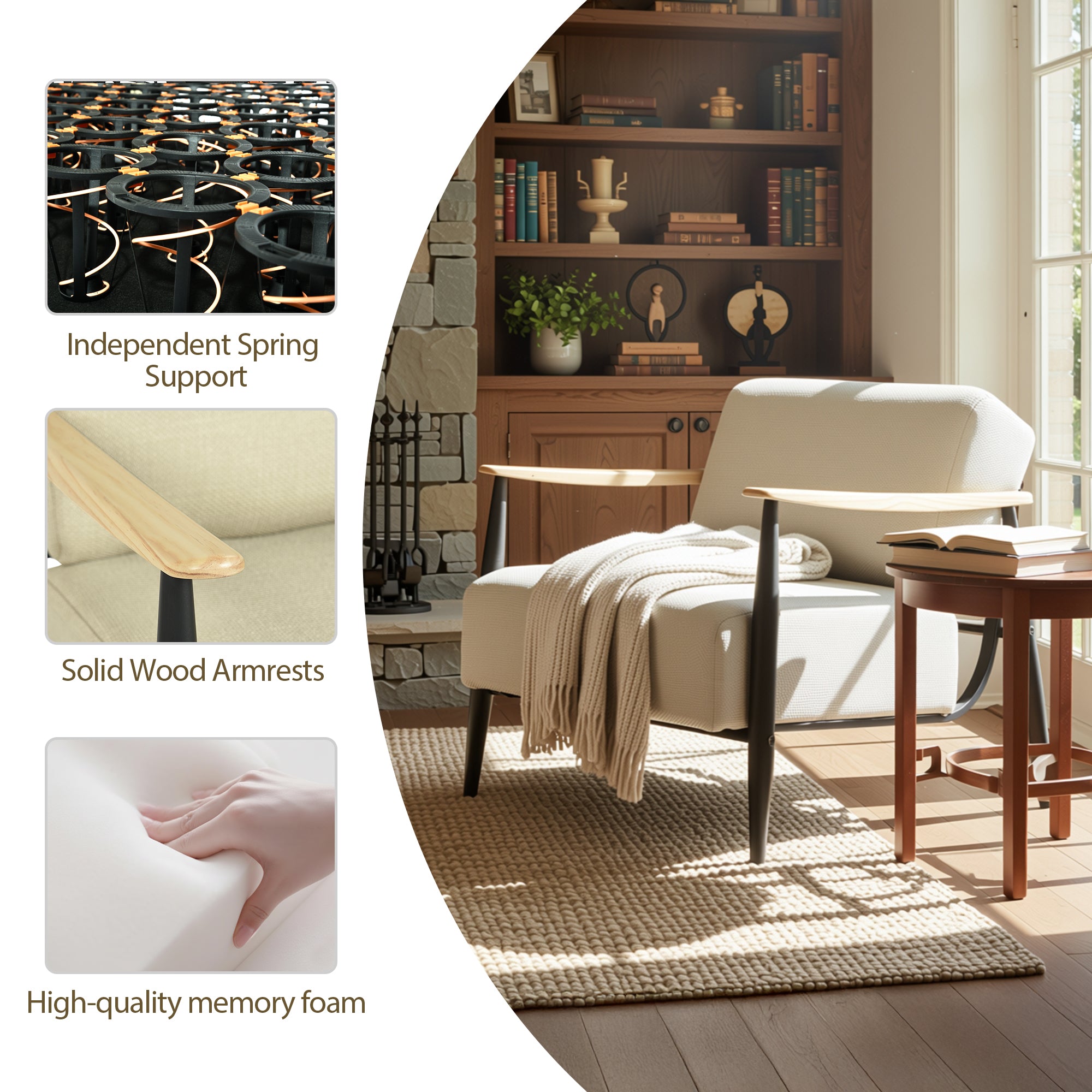 Homy Casa Molica Accent Chair Upholstered Spring Armchair with Solid Wood Arms in Oak Finish
