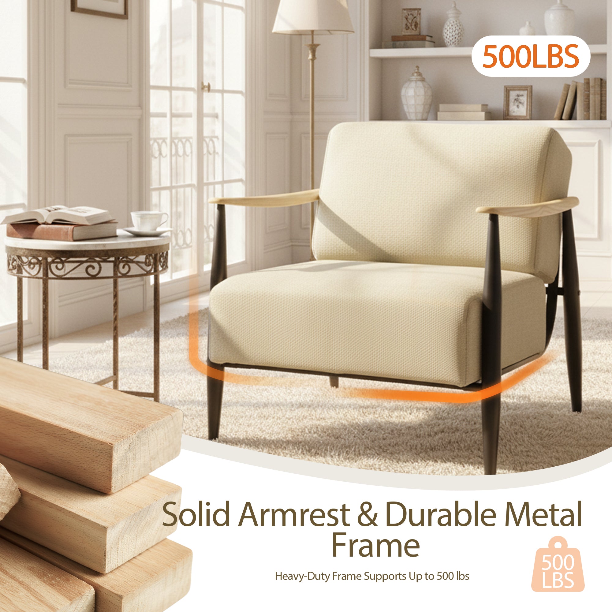 Homy Casa Molica Accent Chair Upholstered Spring Armchair with Solid Wood Arms in Oak Finish