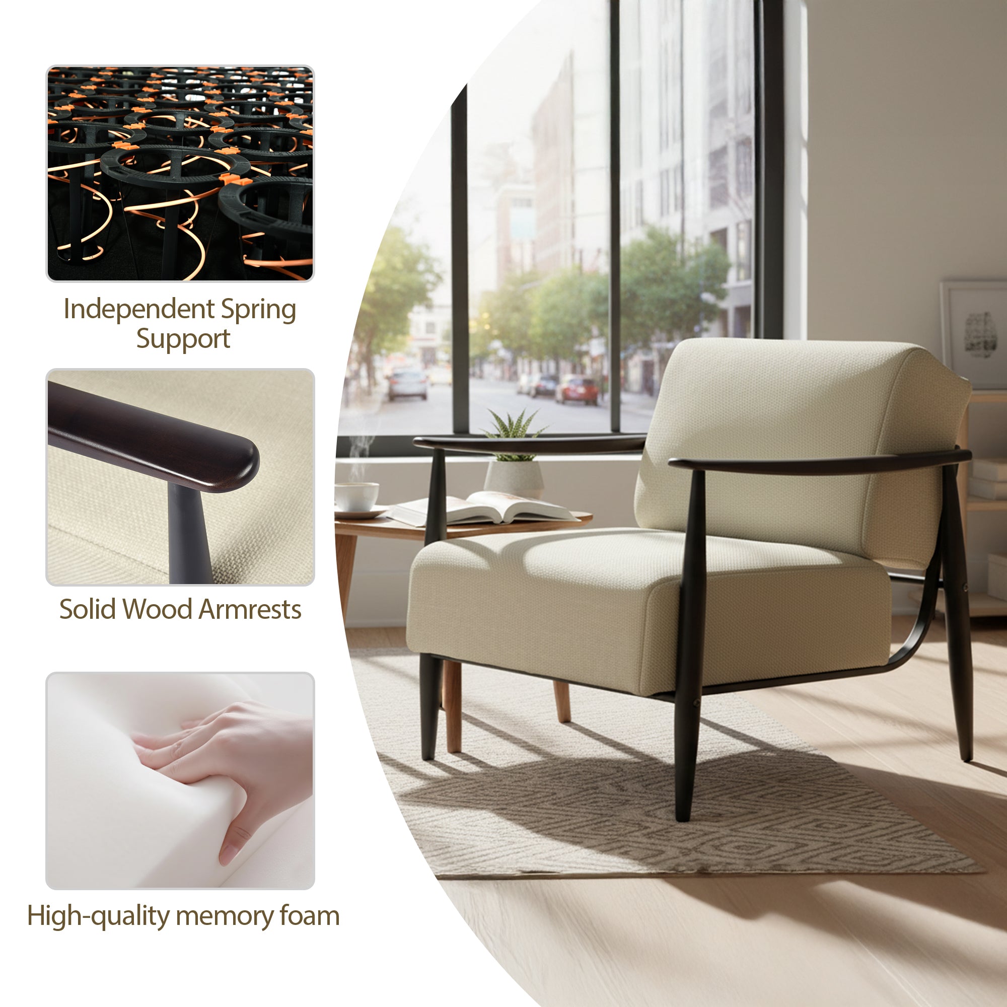 Homy Casa Molica Accent Chair Upholstered Spring Armchair with Solid Wood Arms in Espresso Black