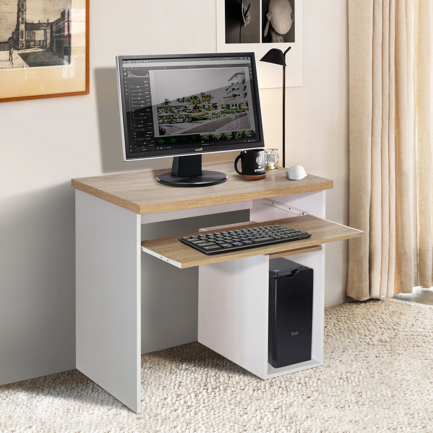 Homy Casa MONTES OAK WHITE Modern Desk for Home Office Workspace Open Box