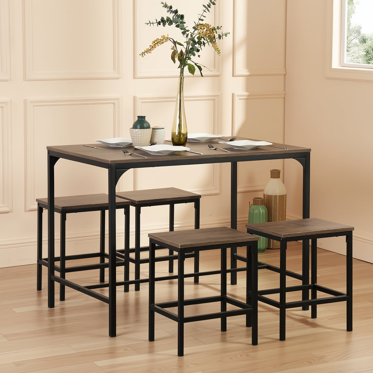 Homy Casa Moreman 5 Piece Dining Table Set 43.3” Dining Tabe with 4 Stools, Vintage Walnut
