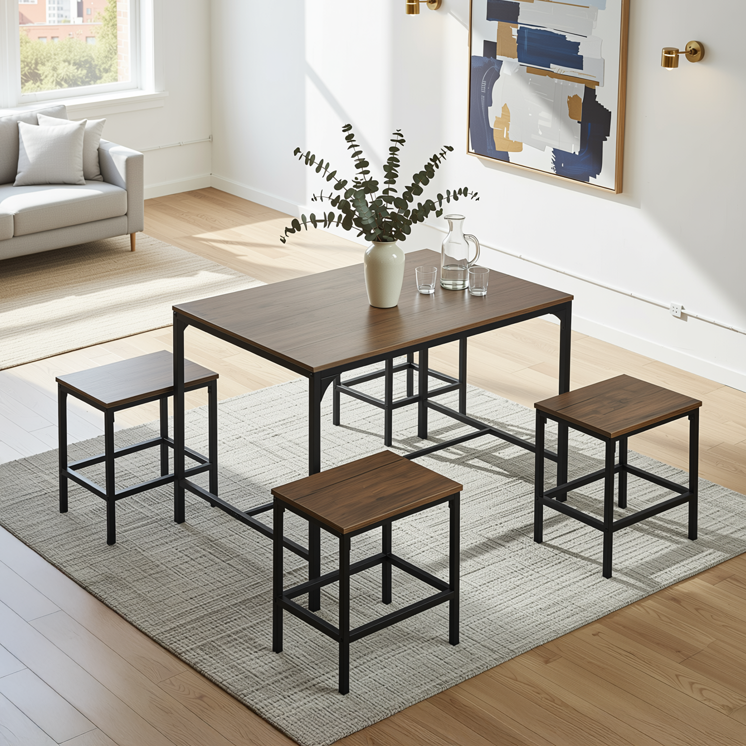 Homy Casa Moreman 5 Piece Dining Table Set 43.3” Dining Tabe with 4 Stools, Vintage Walnut