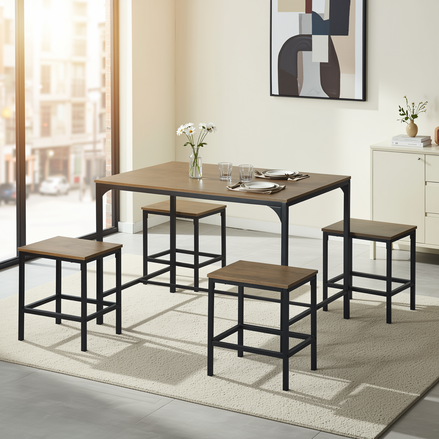 Homy Casa Moreman 5PC Dining Set 43.3” Dining Tabe with 4 Stools, Walnut