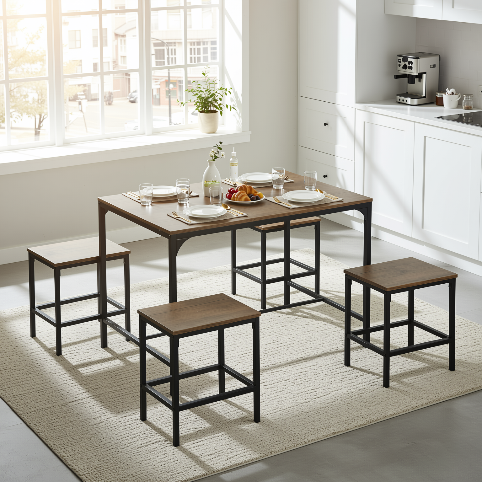 Homy Casa Moreman 5PC Dining Set 43.3” Dining Tabe with 4 Stools, Walnut