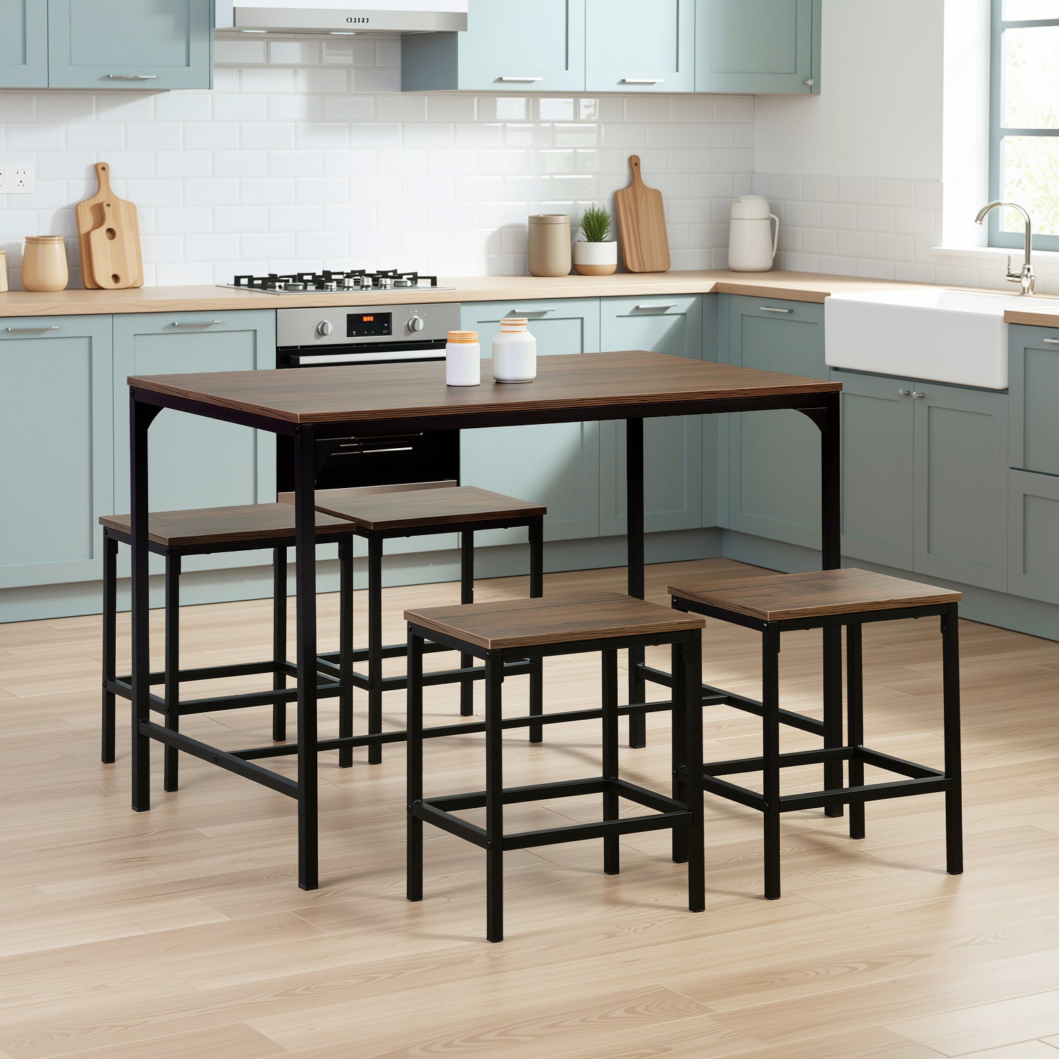 Homy Casa Moreman 5PC Dining Set 43.3” Dining Tabe with 4 Stools, Walnut