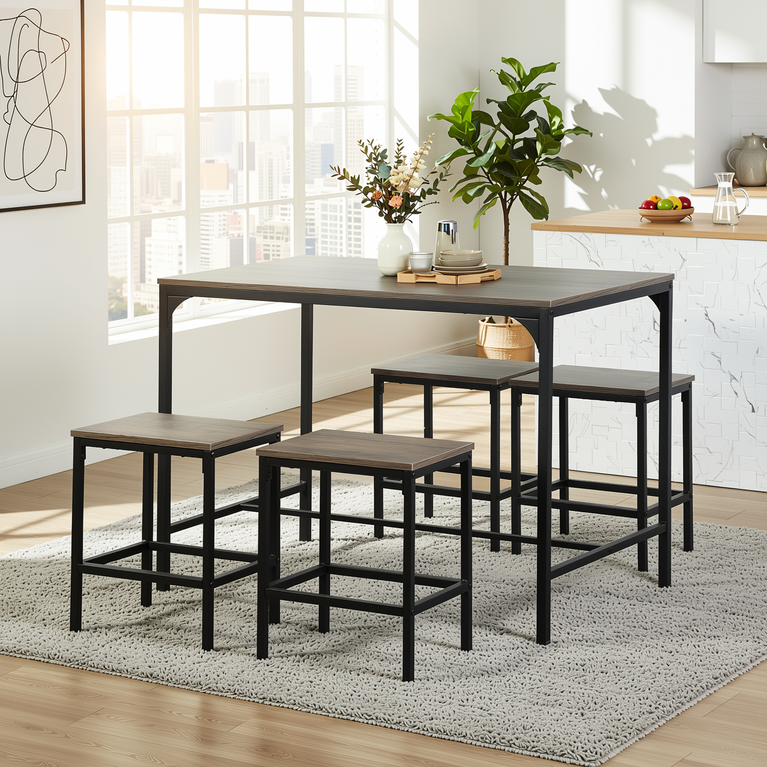 Homy Casa Moreman 5 Piece Dining Table Set 43.3” Dining Tabe with 4 Stools, Vintage Walnut