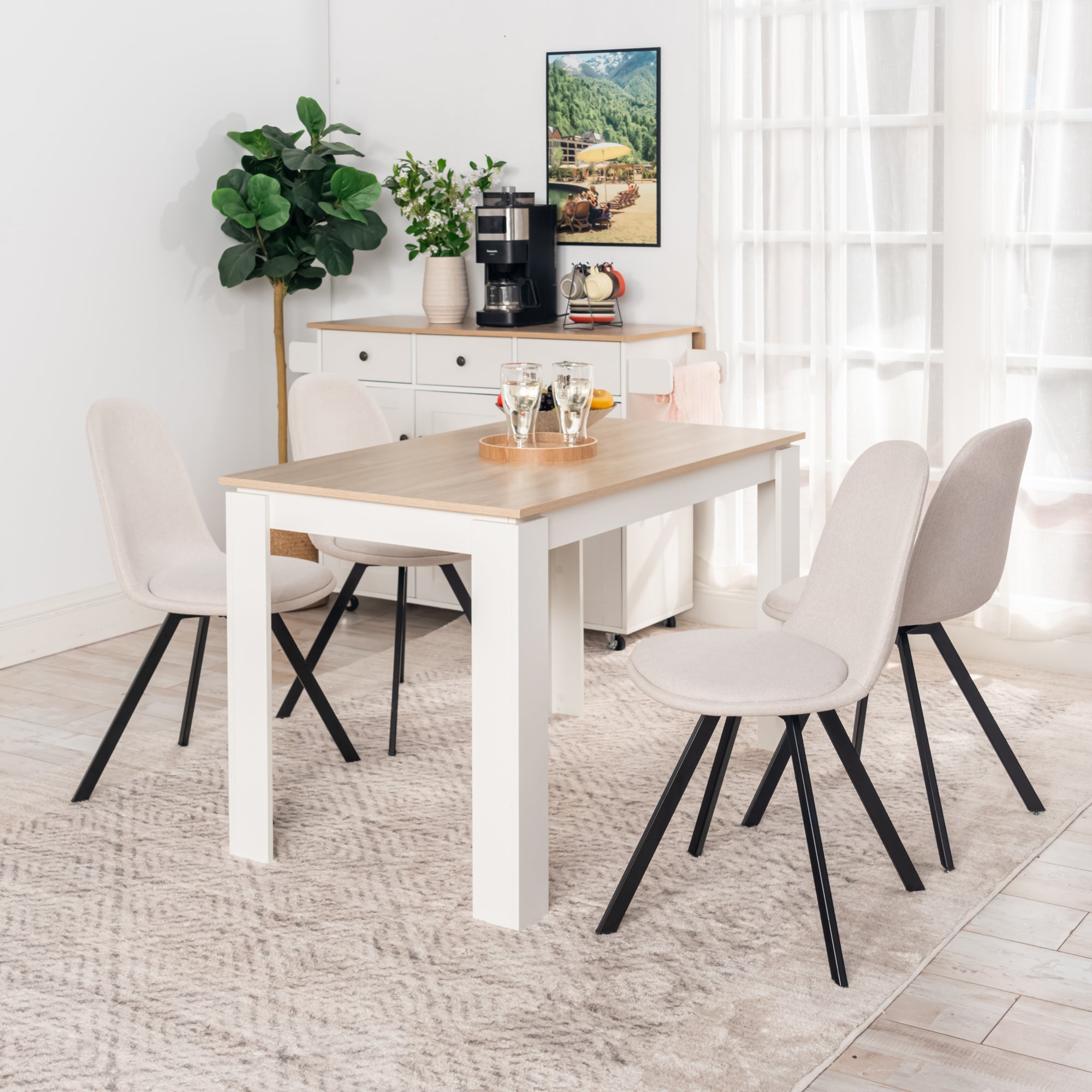Homy Casa MUSK 5PC Dining Set 47" Rectangular Dining Table in Oak with 4 Sunflower Beige Swivel Dining Chairs Open Box