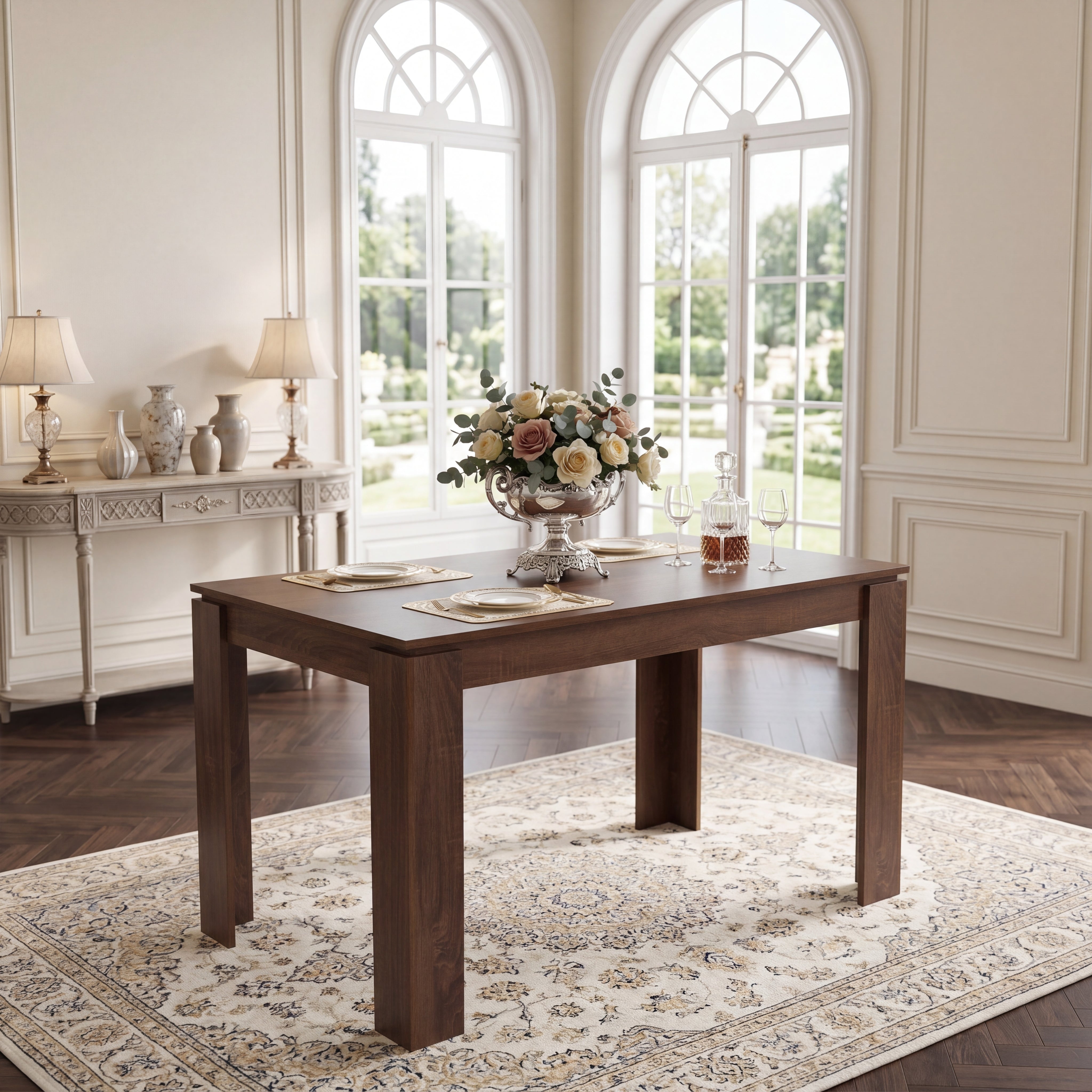 Homy Casa Musk 5PC Dining Set 47.2” Brown Table with 4 Scargill Black Upholstered Chairs Open Box