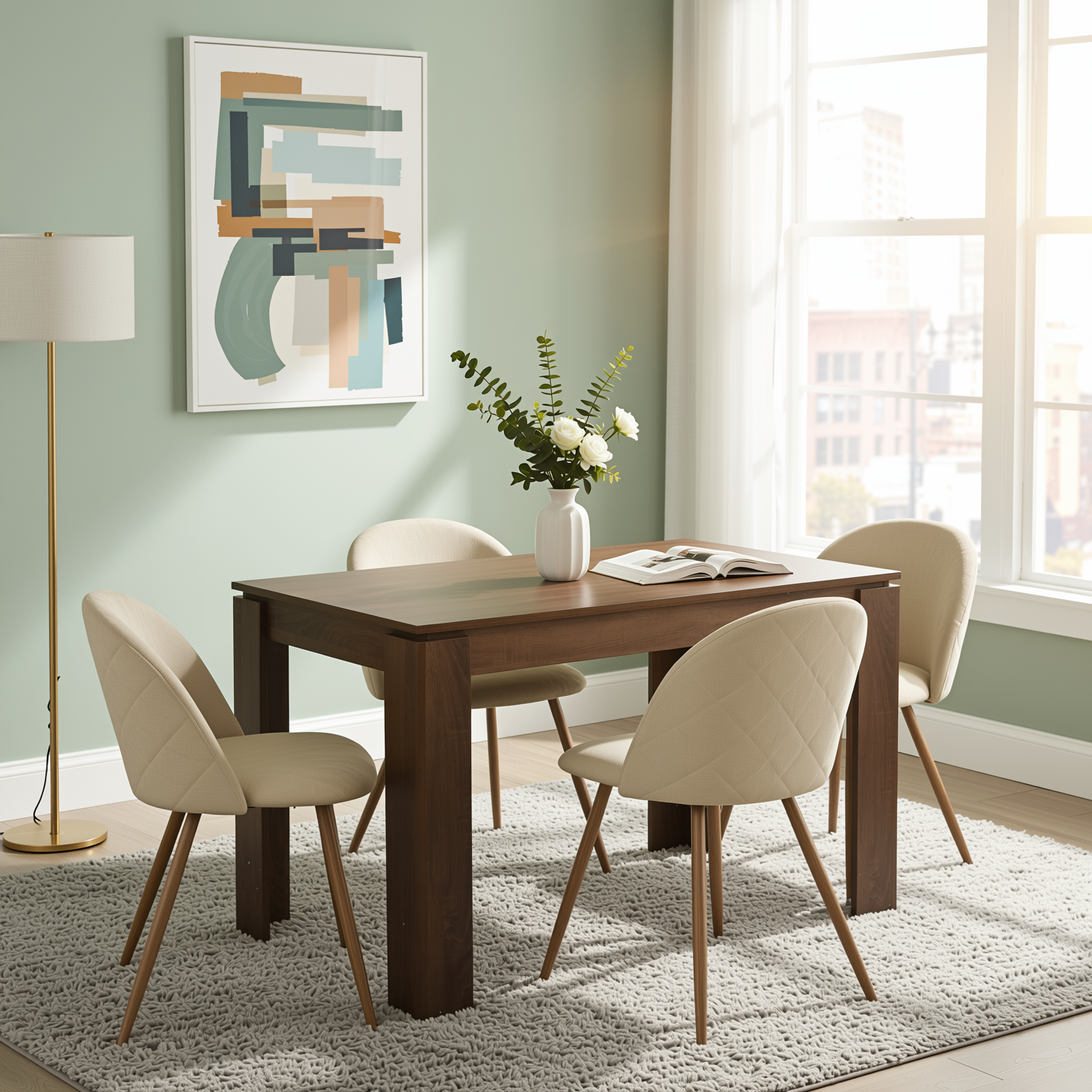 Homy Casa Musk 5PC Dining Set 47.2" Brown Table with Puz Beige Chairs Open Box