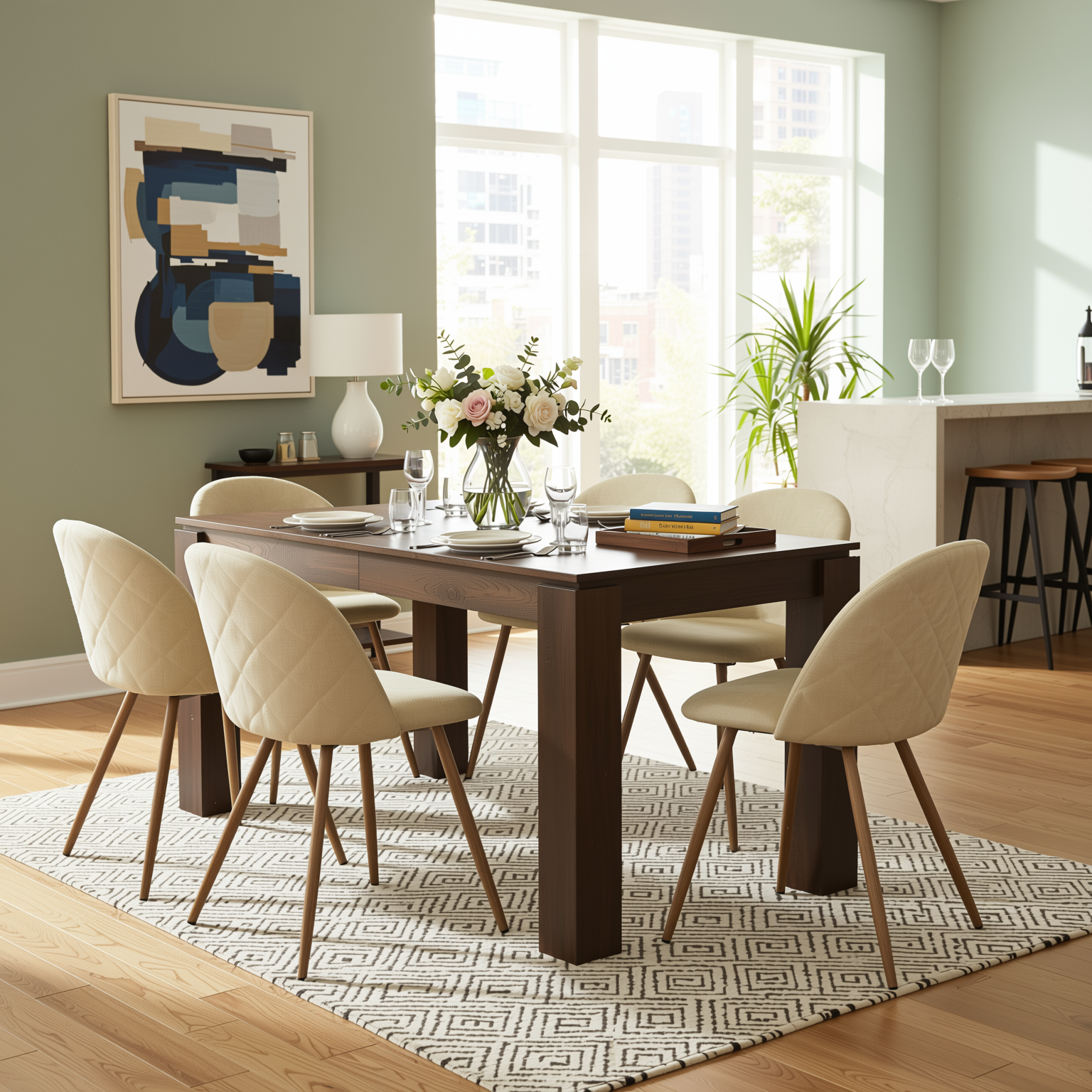 Homy Casa PUZ Modern Fabric Upholstered Dining Chairs with Metal Legs Set of 2,Cream
