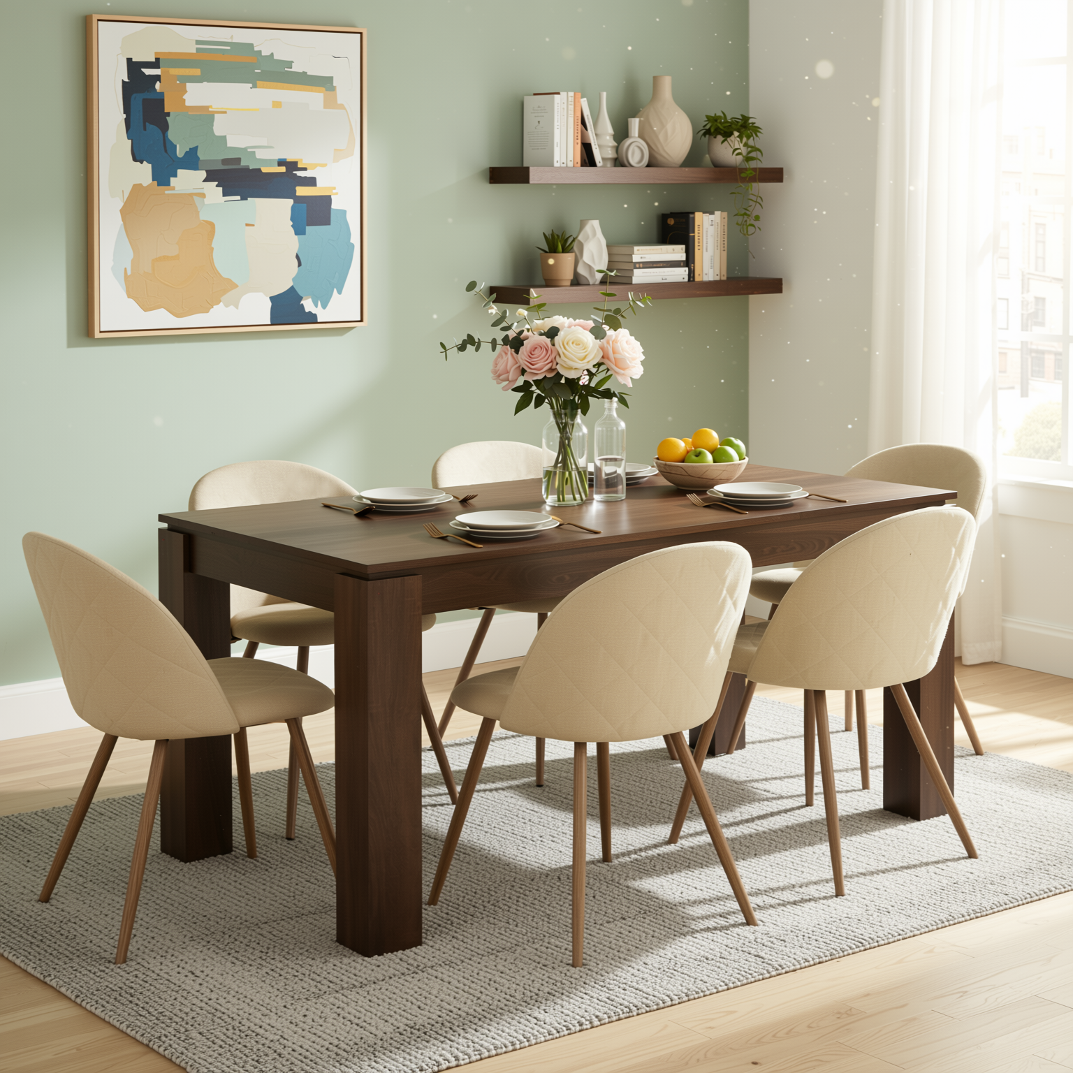 Homy Casa Musk 7PC Dining Set 47.2" Brown Table with 6 Puz Beige Chairs Open Box
