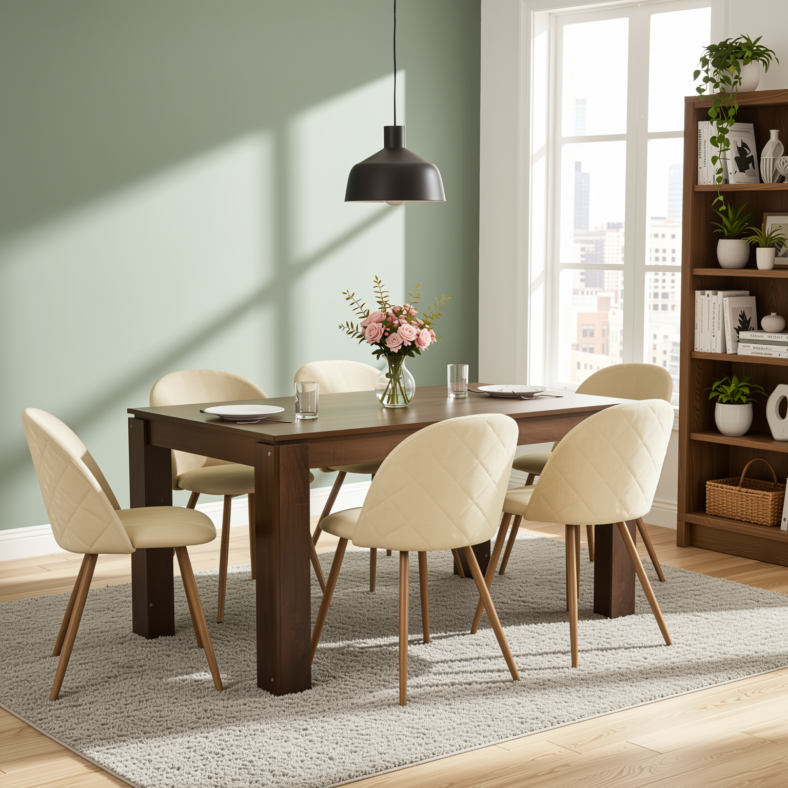 Homy Casa Musk 7PC Dining Set 47.2" Brown Table with 6 Puz Beige Chairs Open Box