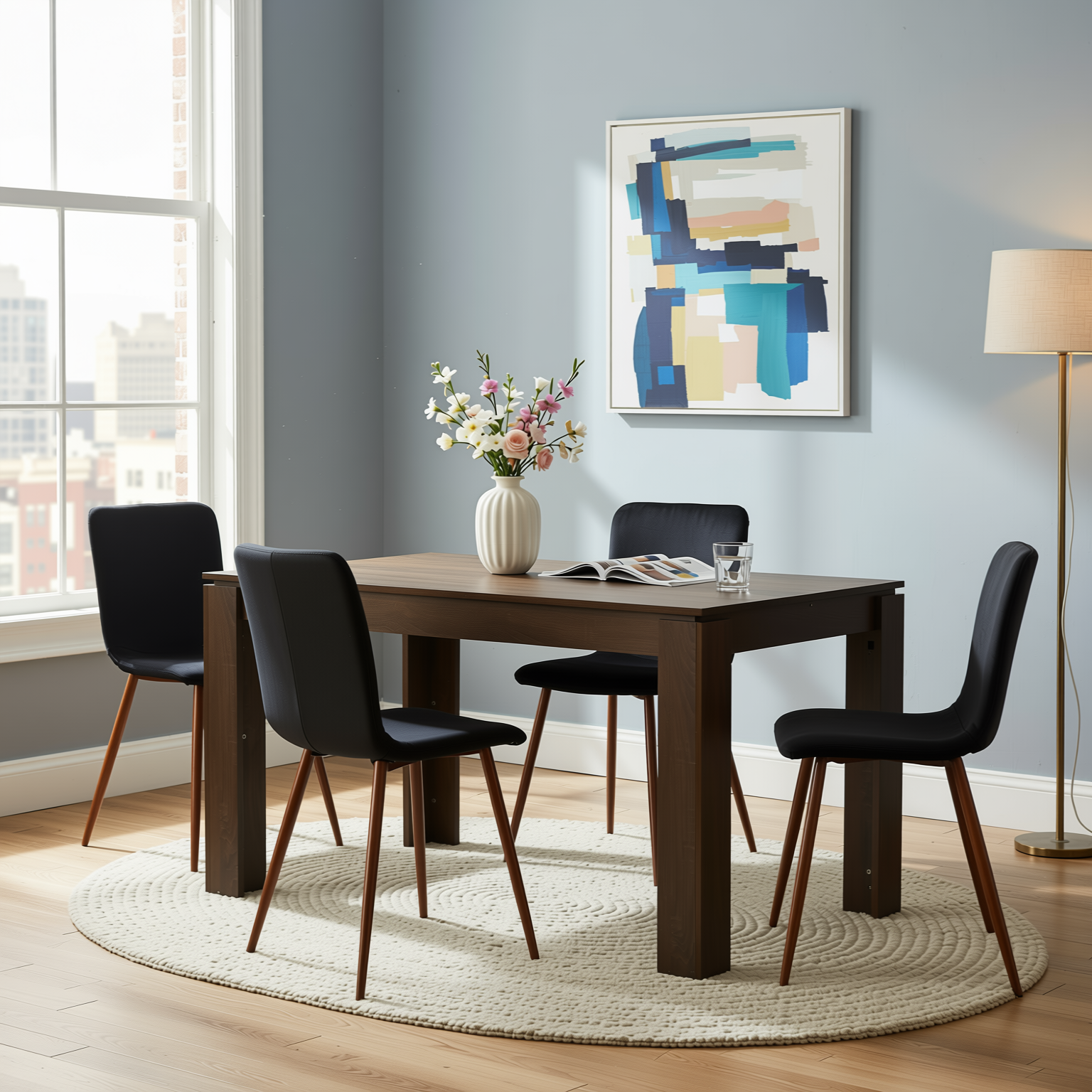 Homy Casa Musk 5PC Dining Set 47.2” Brown Table with 4 Scargill Black Upholstered Chairs Open Box