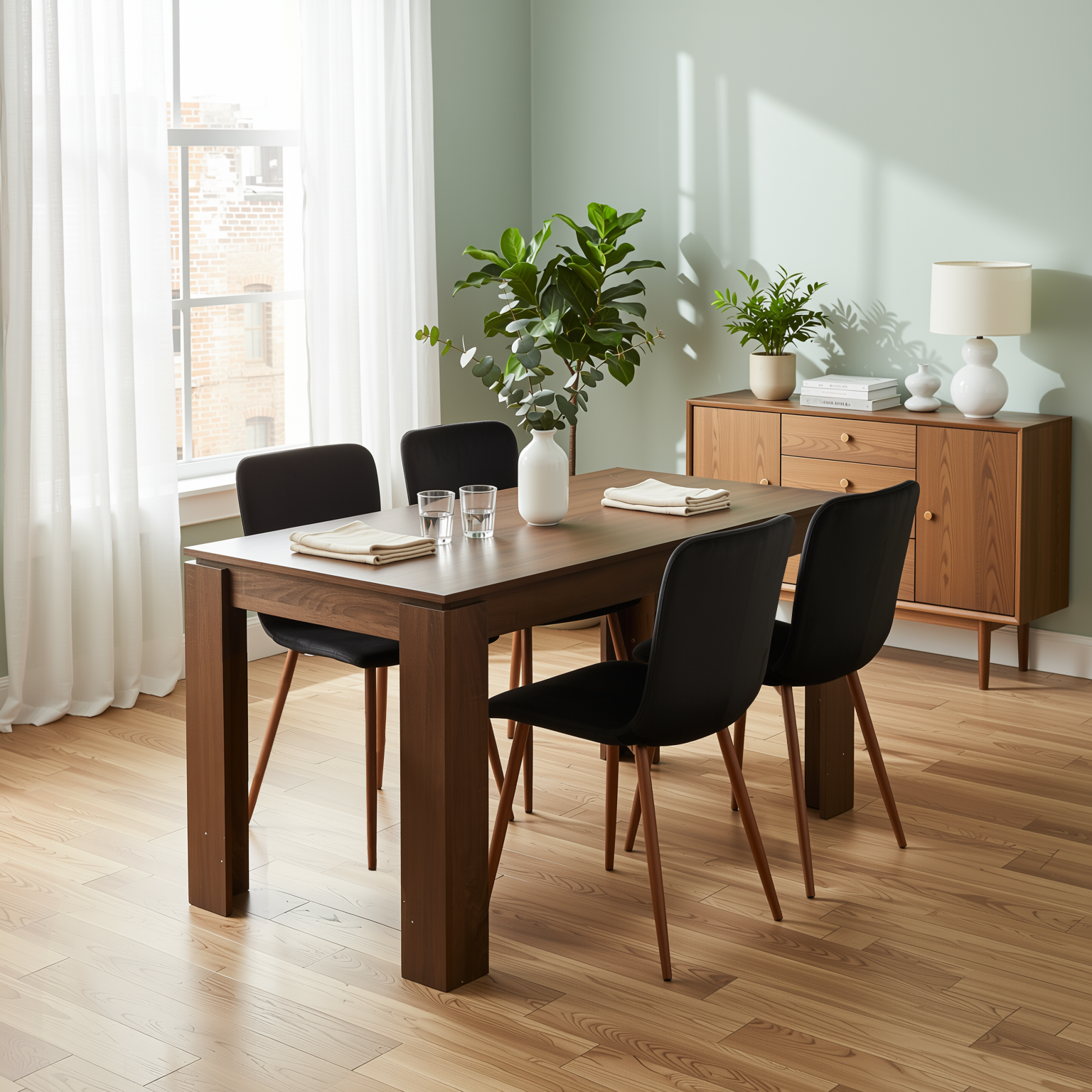 Homy Casa Musk 5PC Dining Set 47.2” Brown Table with 4 Scargill Black Upholstered Chairs Open Box
