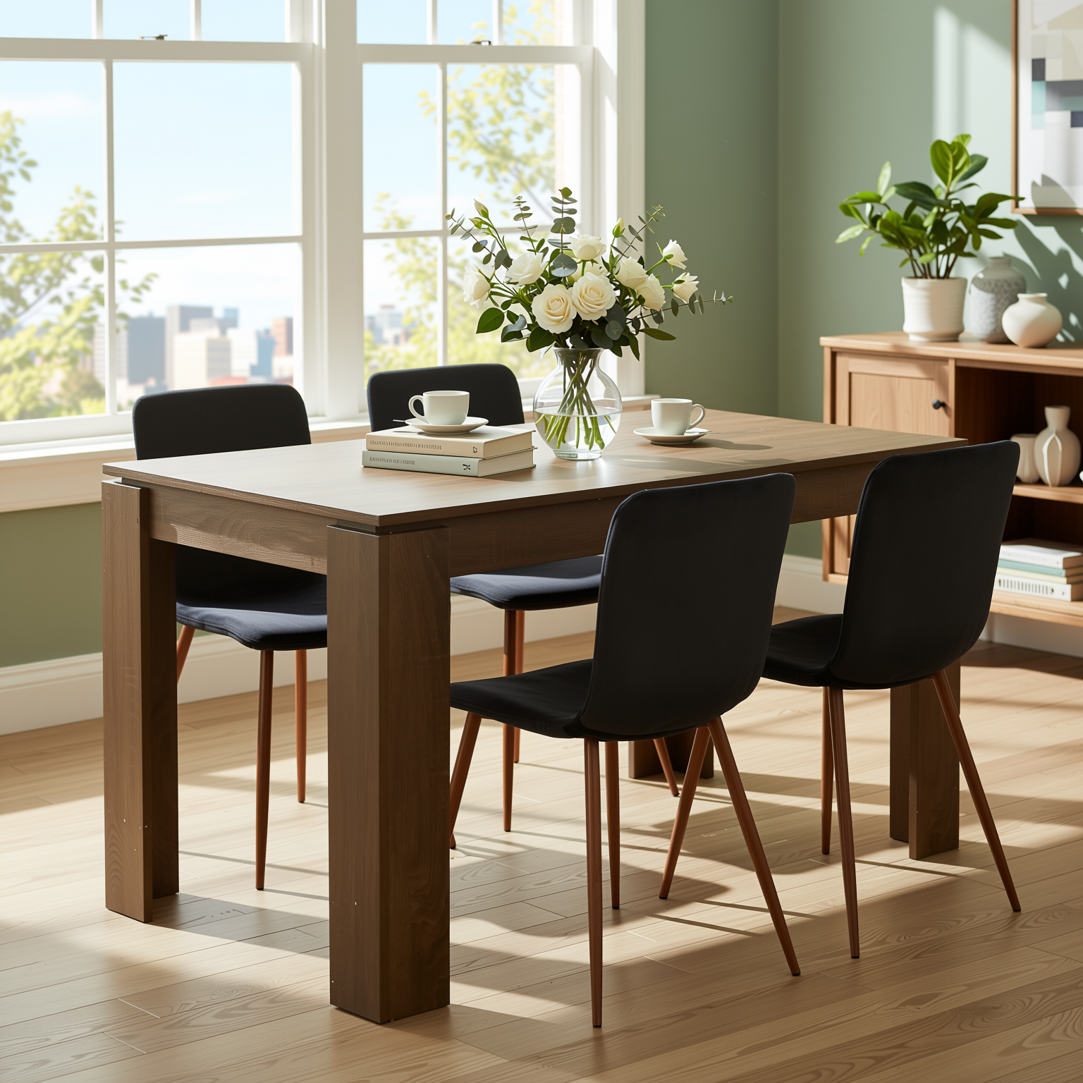 Homy Casa Musk 5PC Dining Set 47.2” Brown Table with 4 Scargill Black Upholstered Chairs Open Box