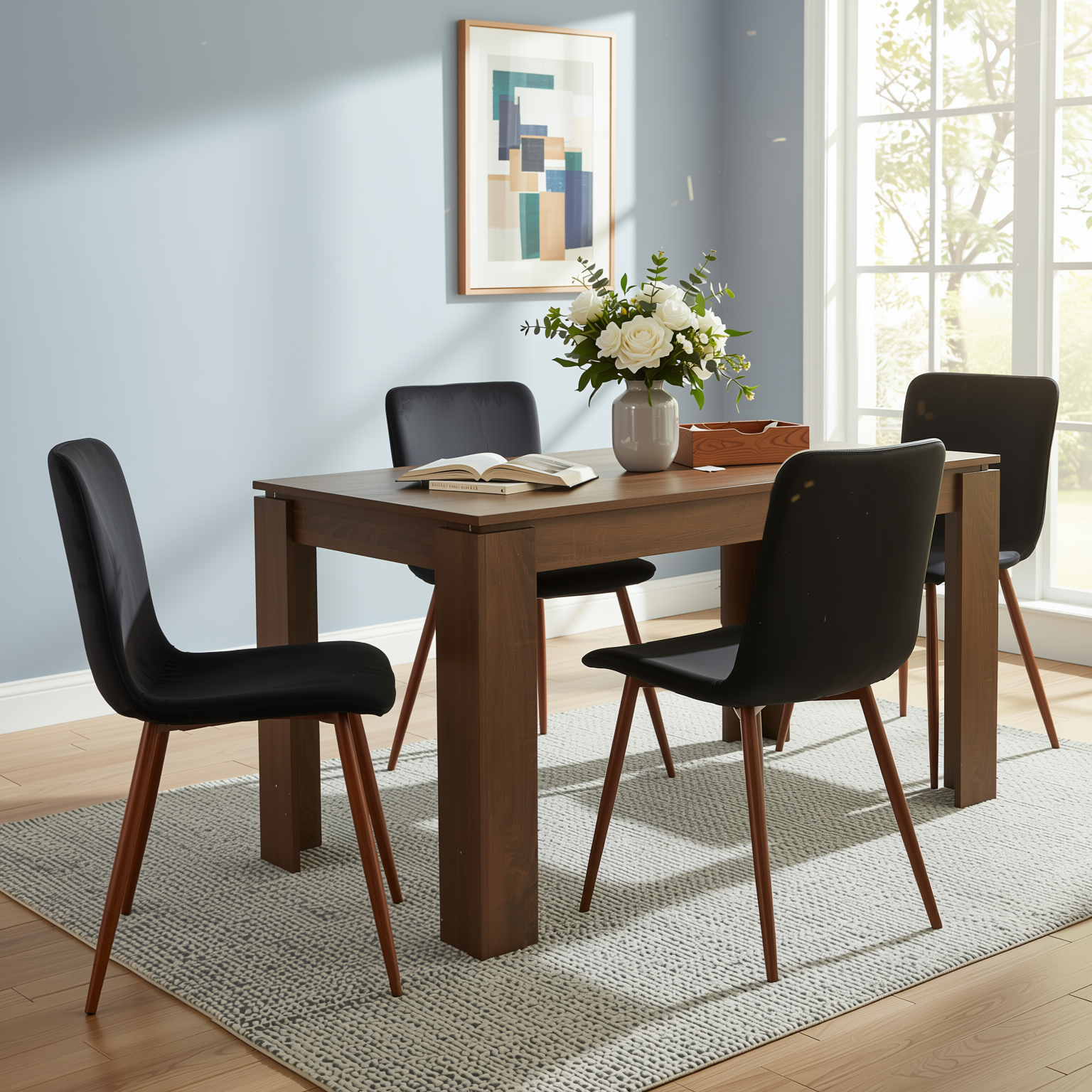 Homy Casa Musk 5PC Dining Set 47.2” Brown Table with 4 Scargill Black Upholstered Chairs Open Box