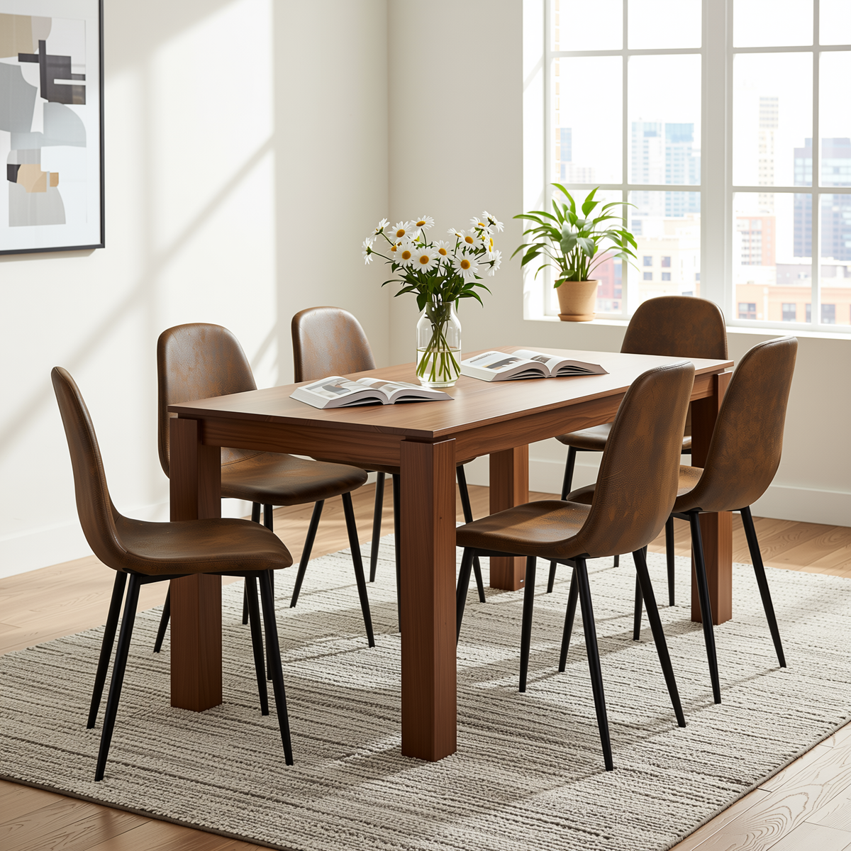 Homy Casa MUSK+CHARLTON 7PC Dining Set 47.2" Walnut Table with 6 Charlton Brown Suede Chairs Open Box