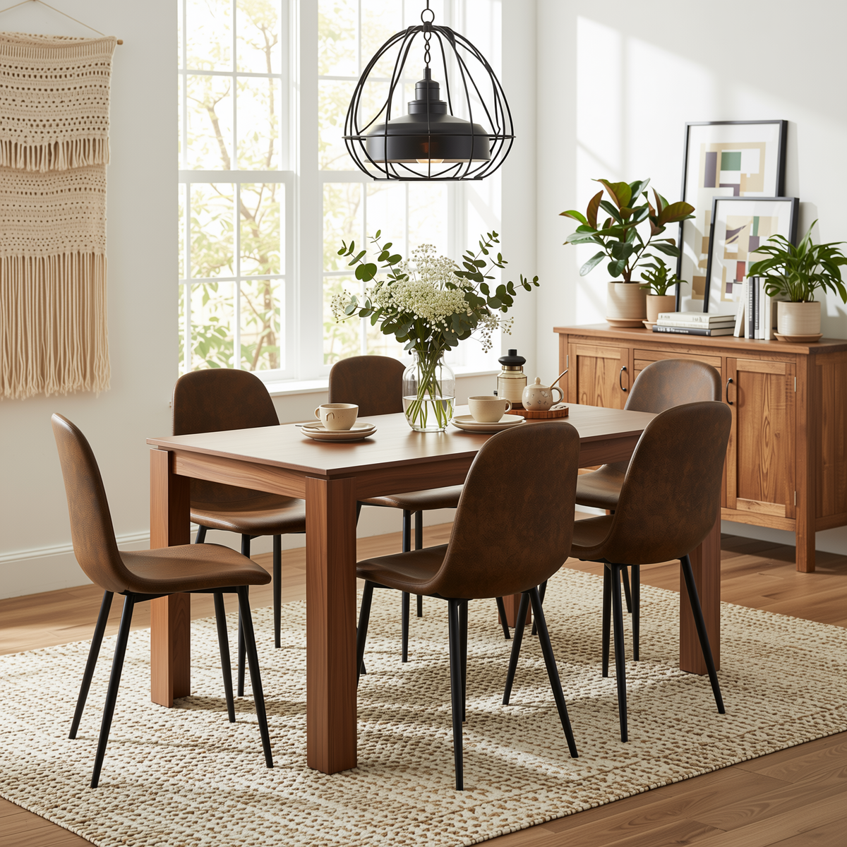 Homy Casa MUSK+CHARLTON 7PC Dining Set 47.2" Walnut Table with 6 Charlton Brown Suede Chairs Open Box