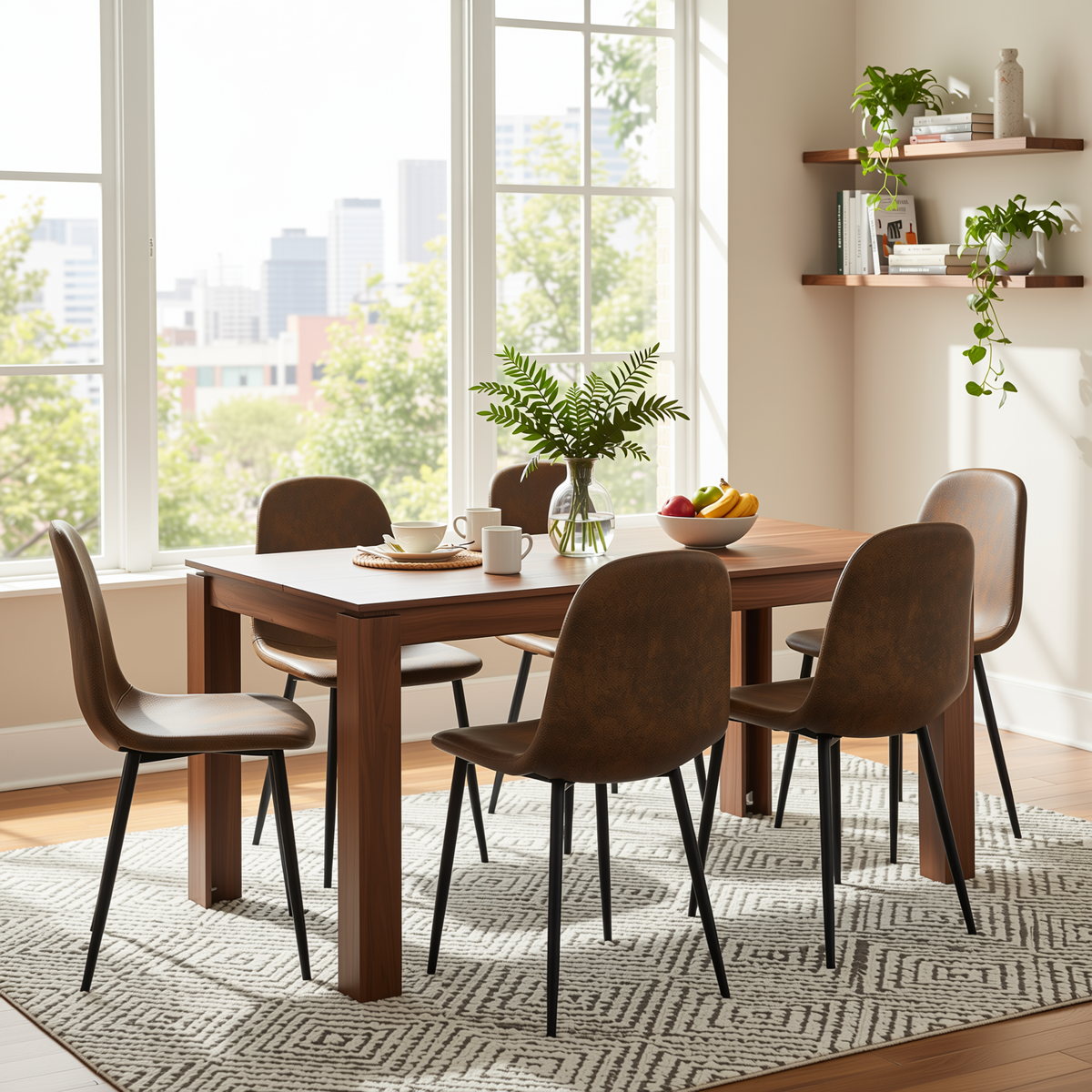 Homy Casa MUSK+CHARLTON 7PC Dining Set 47.2" Walnut Table with 6 Charlton Brown Suede Chairs Open Box