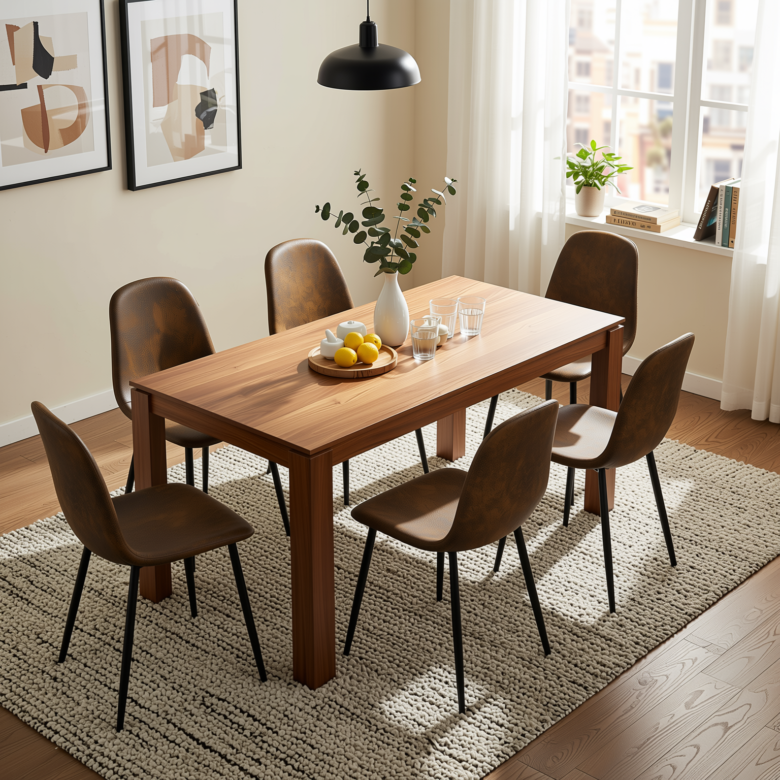 Homy Casa MUSK+CHARLTON 7PC Dining Set 47.2" Walnut Table with 6 Charlton Brown Suede Chairs Open Box