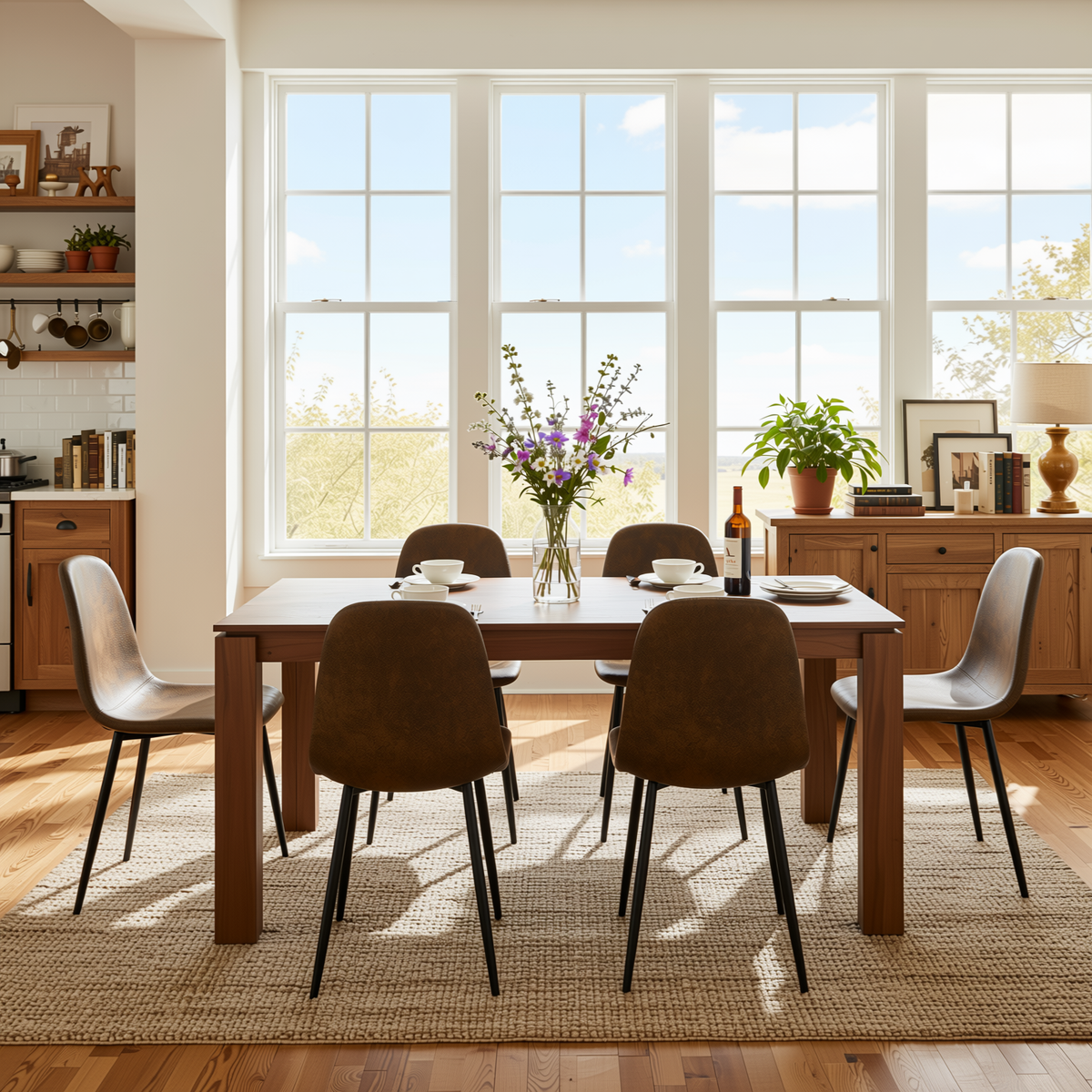 Homy Casa MUSK+CHARLTON 7PC Dining Set 47.2" Walnut Table with 6 Charlton Brown Suede Chairs Open Box