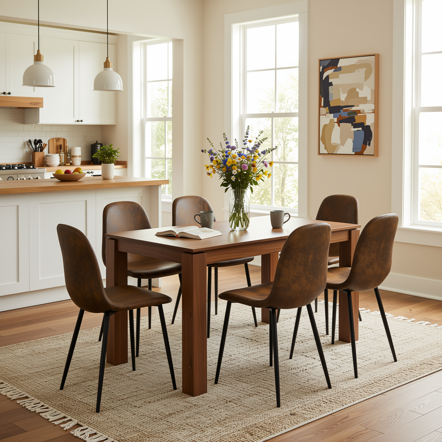 Homy Casa MUSK+CHARLTON 7PC Dining Set 47.2" Walnut Table with 6 Charlton Brown Suede Chairs Open Box