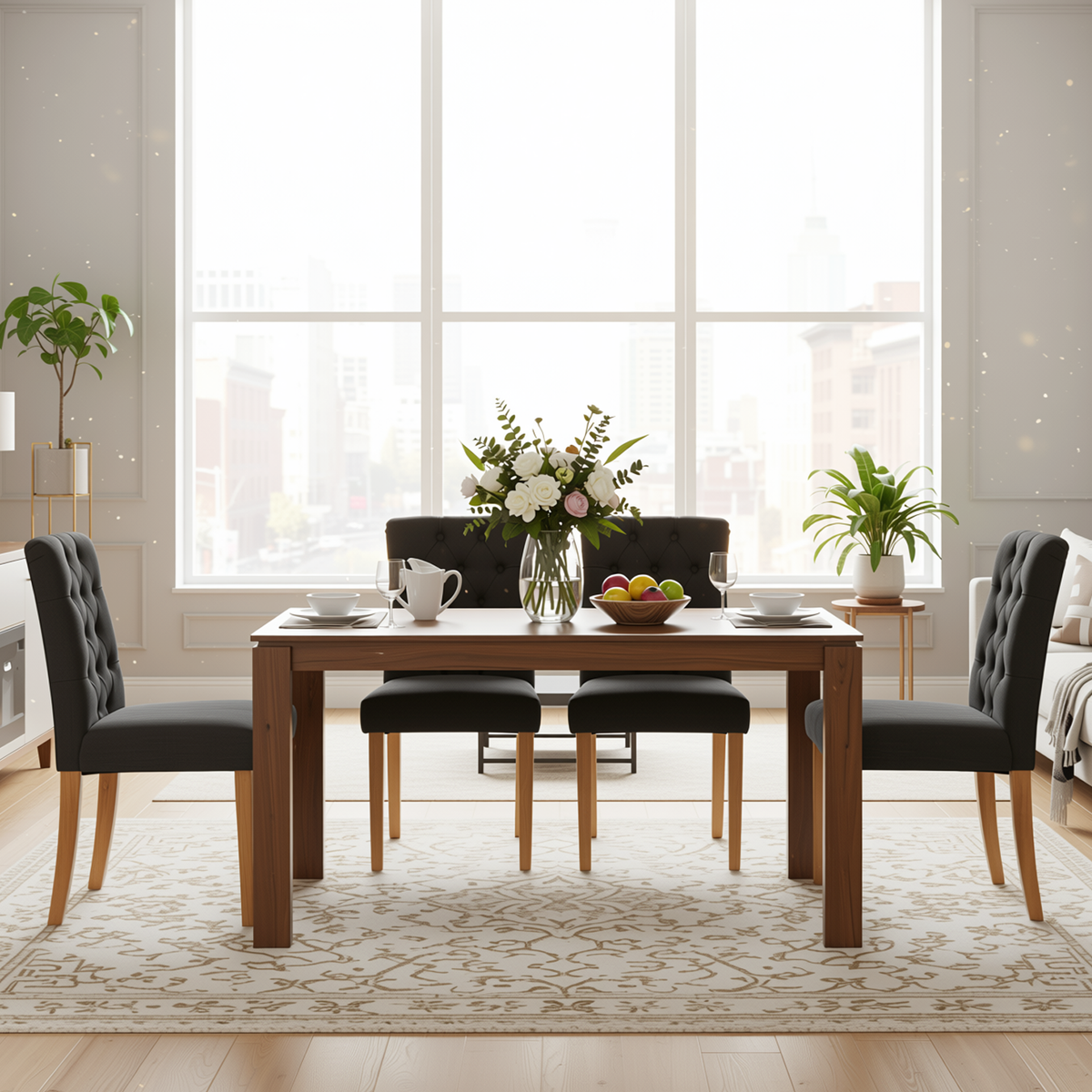 Homy Casa MUSK+LUCETTA 5PC Dining Set 47.2” Rectangular Dining Table with 4 Upholstered Button Tufted Dining Chairs in Brown and Dark GrayOpen Box