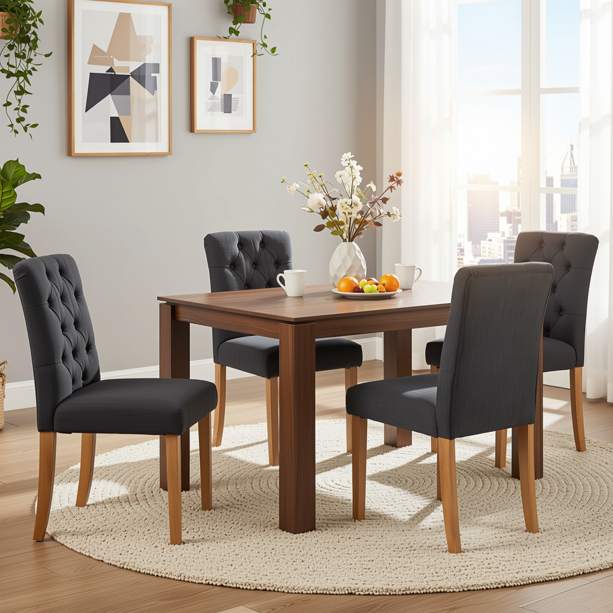 Homy Casa MUSK+LUCETTA 5PC Dining Set 47.2” Rectangular Dining Table with 4 Upholstered Button Tufted Dining Chairs in Brown and Dark GrayOpen Box