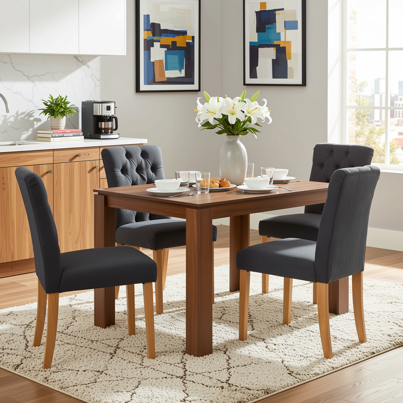 Homy Casa MUSK+LUCETTA 5PC Dining Set 47.2” Rectangular Dining Table with 4 Upholstered Button Tufted Dining Chairs in Brown and Dark GrayOpen Box