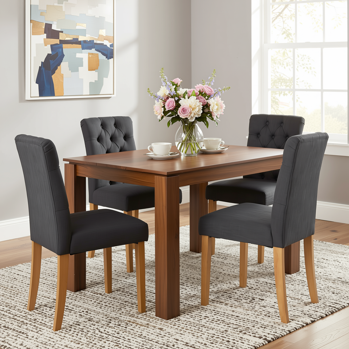 Homy Casa MUSK+LUCETTA 5PC Dining Set 47.2” Rectangular Dining Table with 4 Upholstered Button Tufted Dining Chairs in Brown and Dark GrayOpen Box