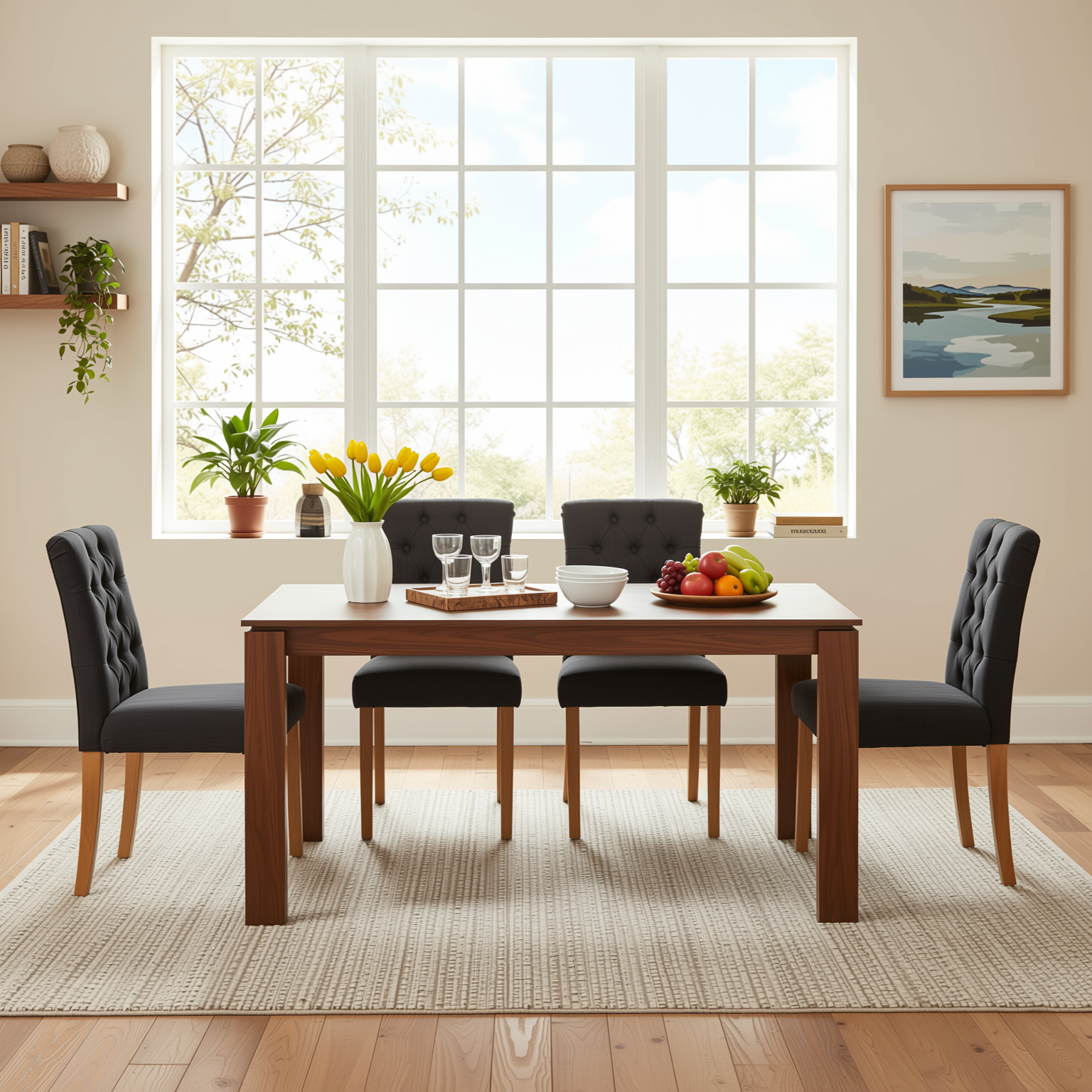 Homy Casa MUSK+LUCETTA 5PC Dining Set 47.2” Rectangular Dining Table with 4 Upholstered Button Tufted Dining Chairs in Brown and Dark GrayOpen Box
