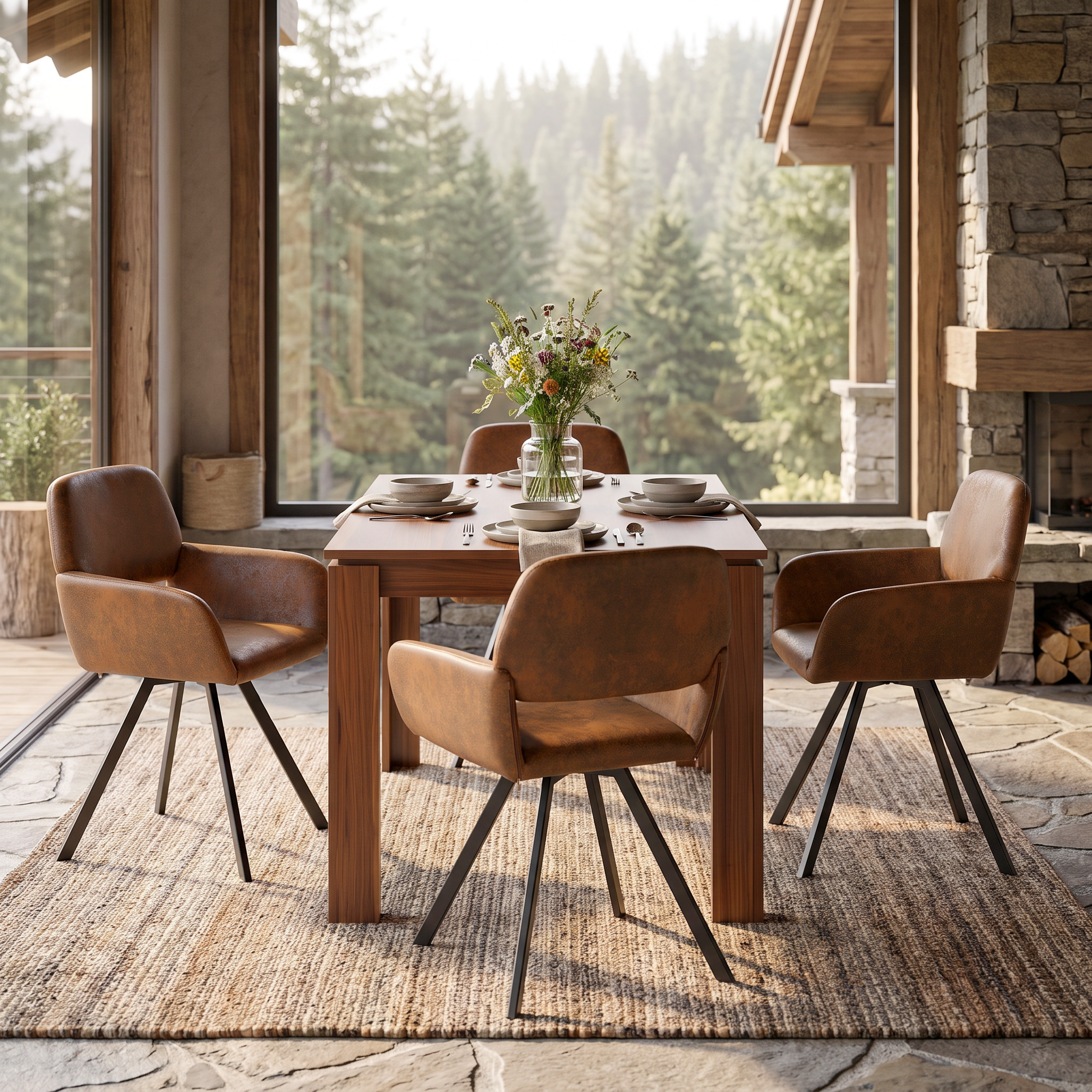 Homy Casa MUSK+CALIFORNIA 5PC Dining Set 47.2" Walnut Table with 4 Brown Swivel Dining Chairs Open Box