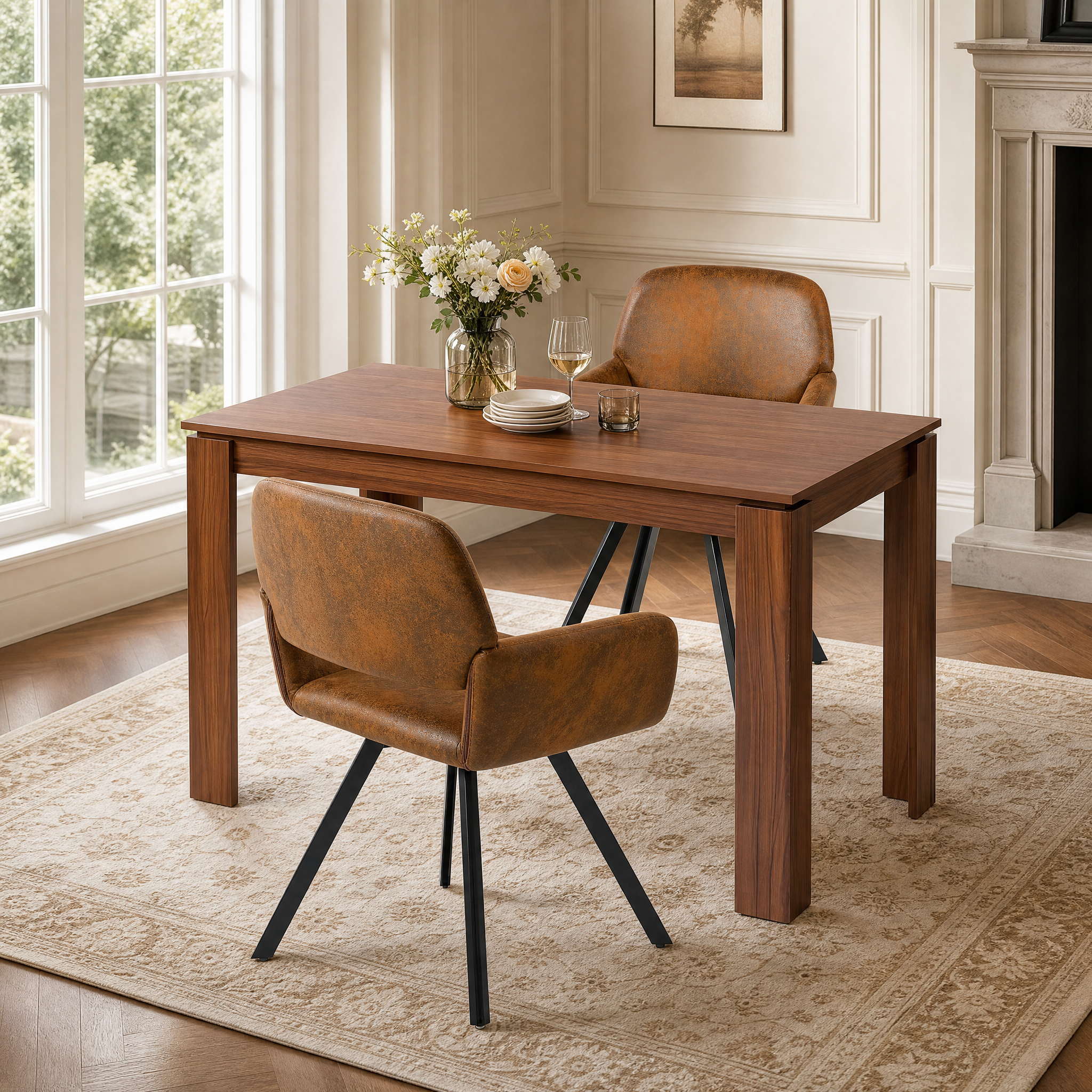Homy Casa MUSK+CALIFORNIA 3PC Dining Set 47.2” Rectangular Dining Table with 2 Swivel Upholstered Armchairs in Brown Open Box