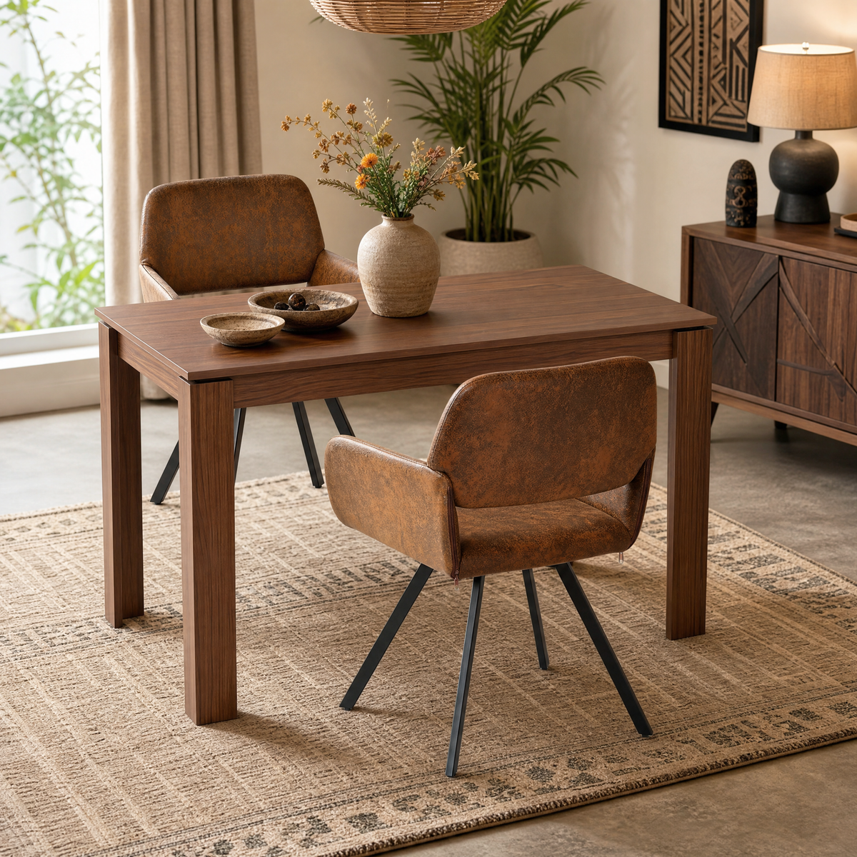 Homy Casa MUSK+CALIFORNIA 3PC Dining Set 47.2” Rectangular Dining Table with 2 Swivel Upholstered Armchairs in Brown Open Box