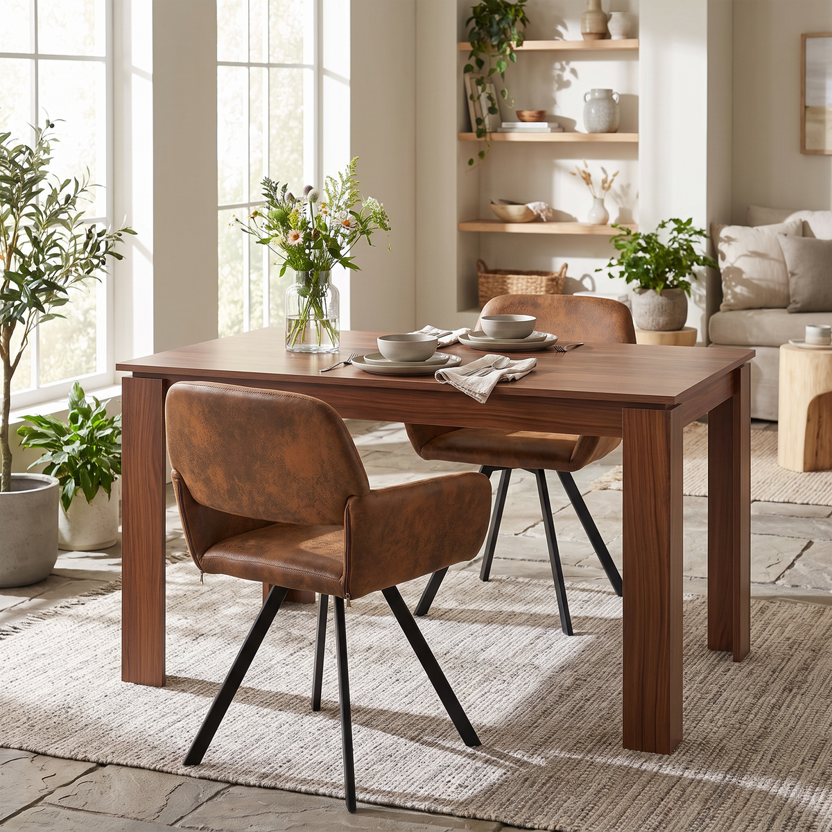 Homy Casa MUSK+CALIFORNIA 3PC Dining Set 47.2” Rectangular Dining Table with 2 Swivel Upholstered Armchairs in Brown Open Box