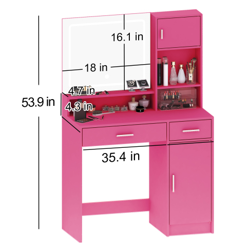 Matera Pink Vanity Set Lighted Mirror Desk with CARNATION Pink Swivel Chair