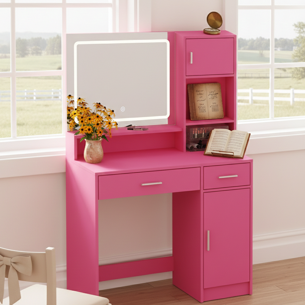 Matera Pink Vanity Set Lighted Mirror Desk with CARNATION Pink Swivel Chair