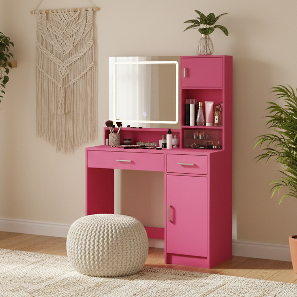 Homy Casa Matera 2PC Pink Vanity Set 35” Led Lighted Mirror Desk with CARNATION Pink Swivel Chair