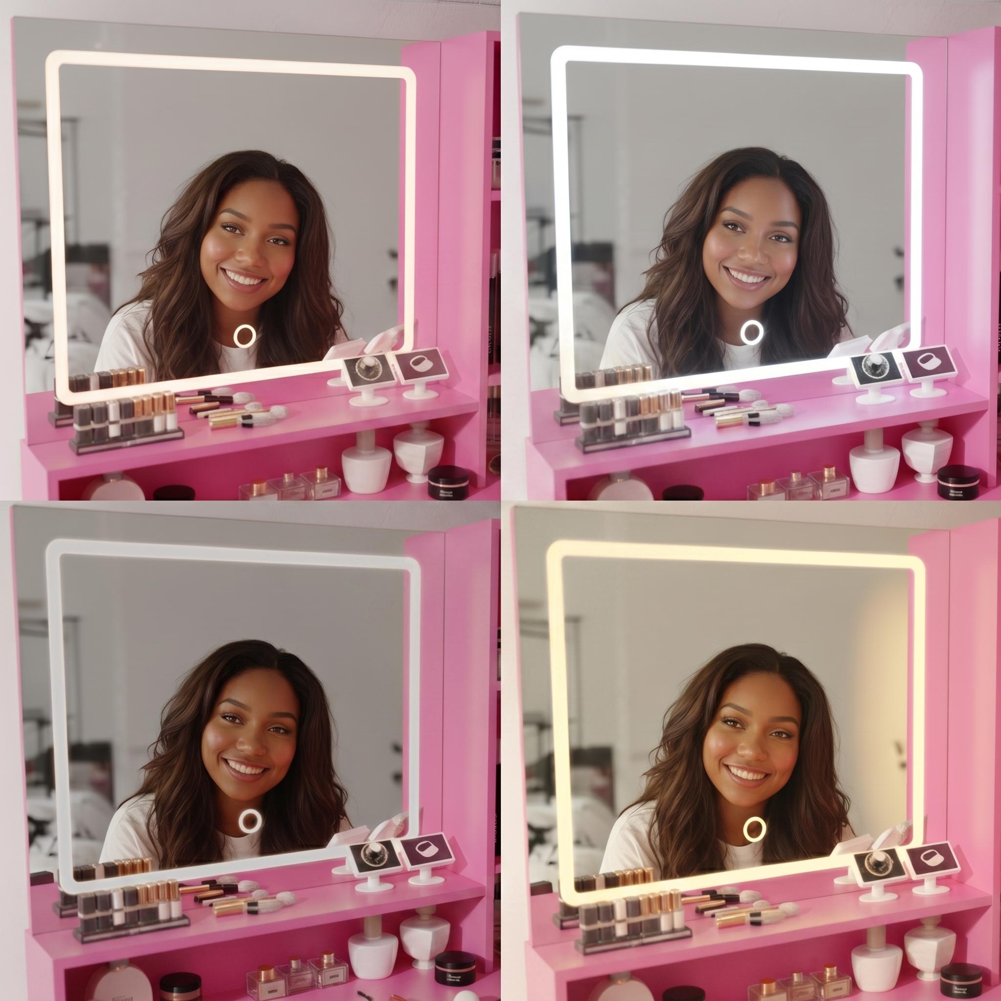 Matera Pink Vanity Set Lighted Mirror Desk with CARNATION Pink Swivel Chair