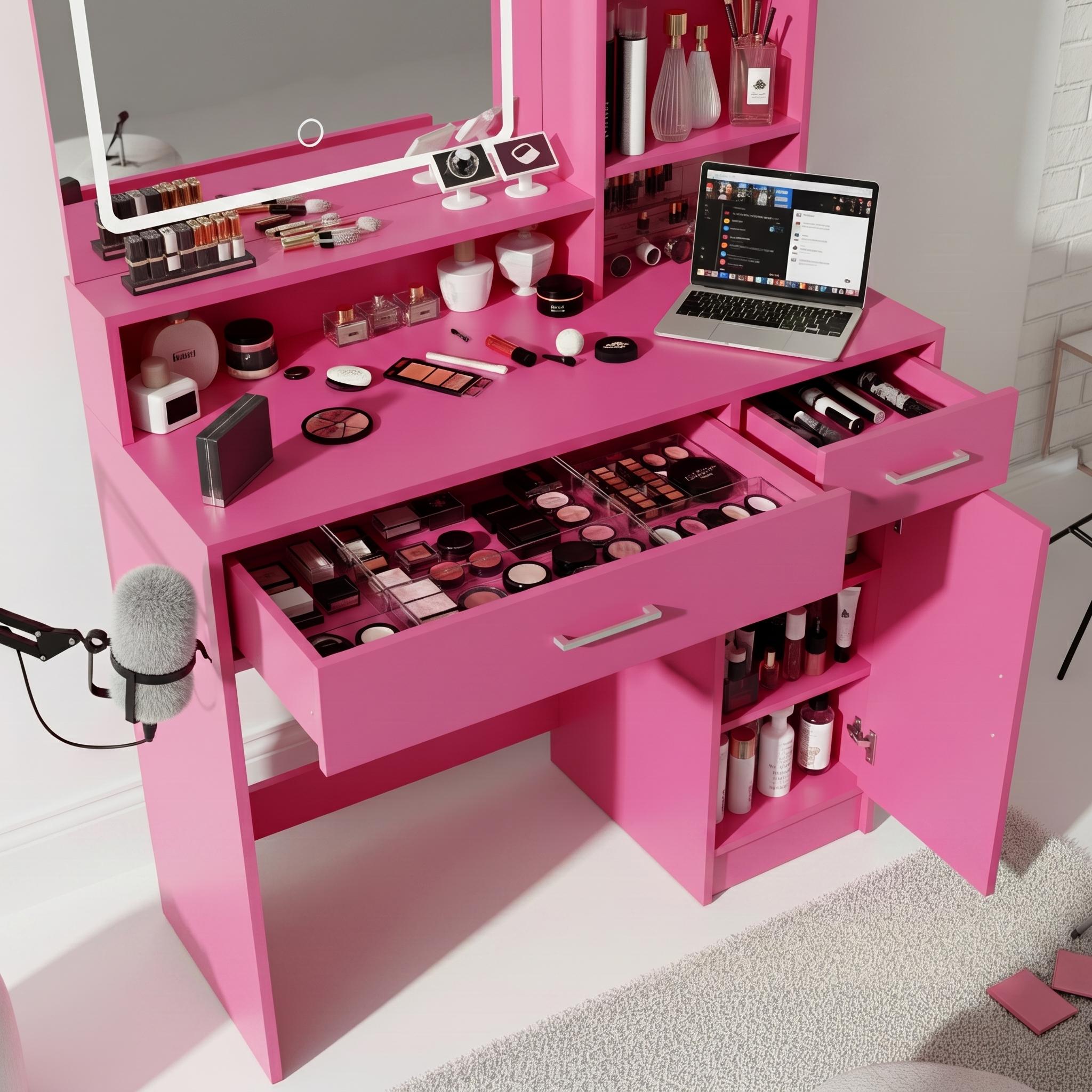 Matera Pink Vanity Set Lighted Mirror Desk with CARNATION Pink Swivel Chair