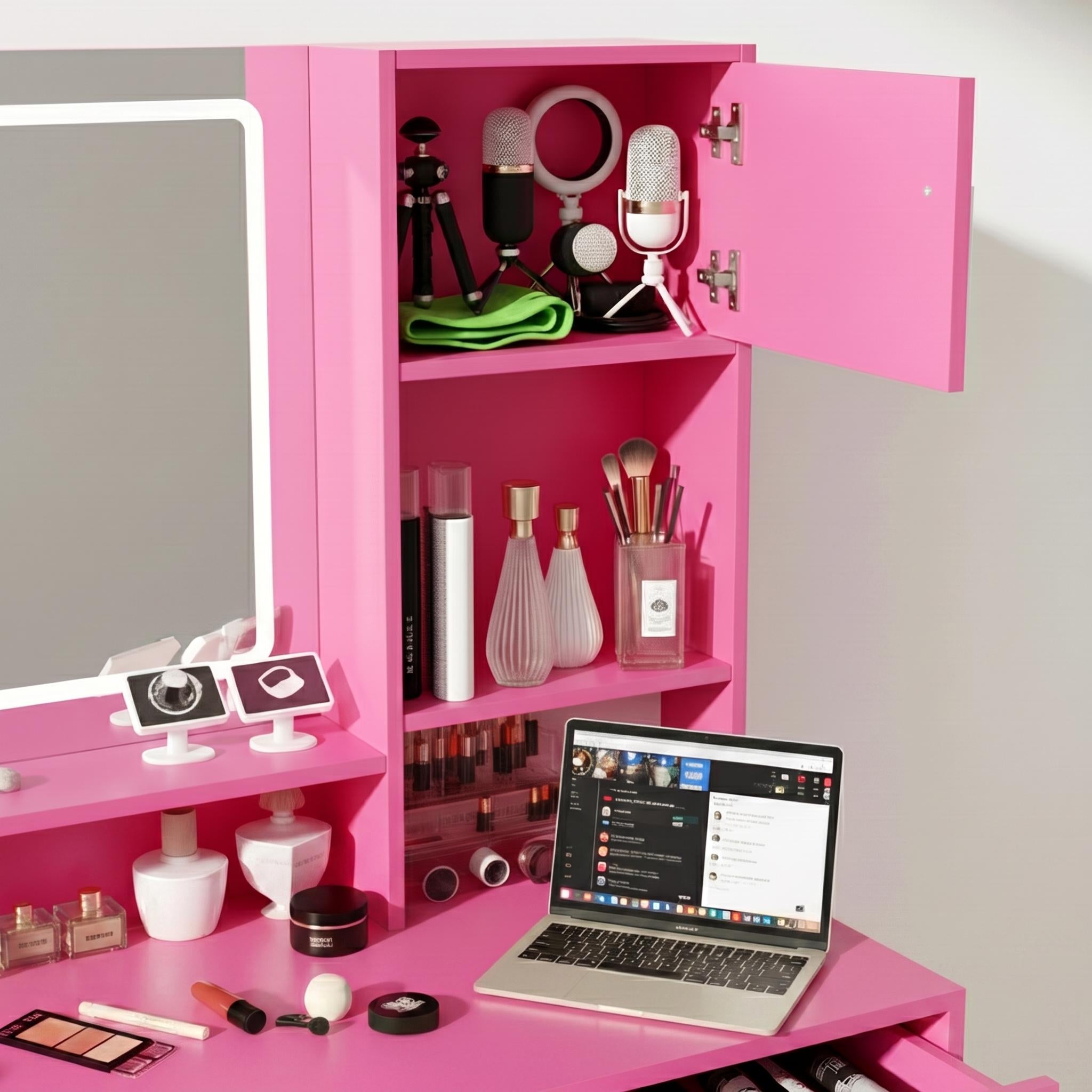 Matera Pink Vanity Set Lighted Mirror Desk with CARNATION Pink Swivel Chair