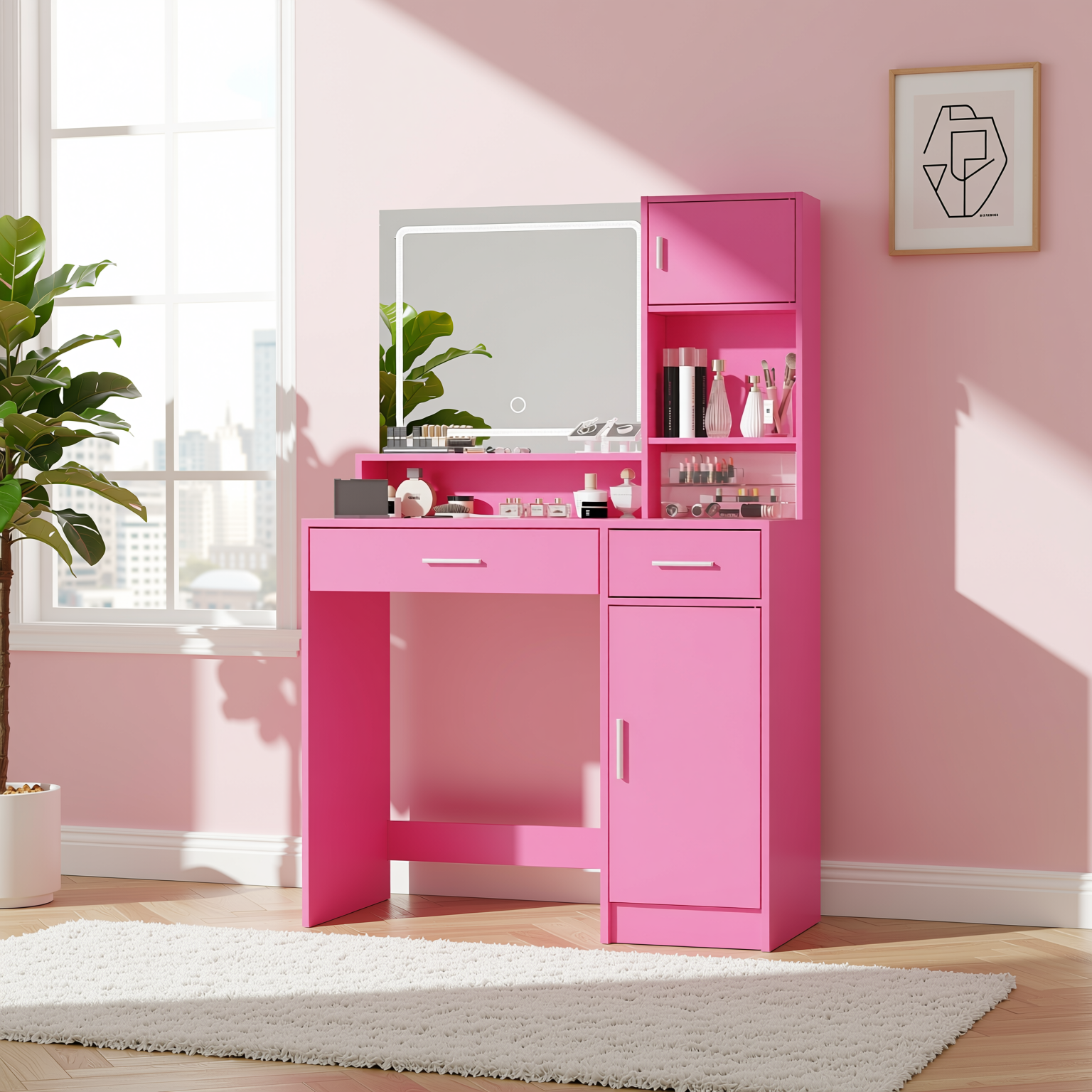 Matera Pink Vanity Set Lighted Mirror Desk with CARNATION Pink Swivel Chair