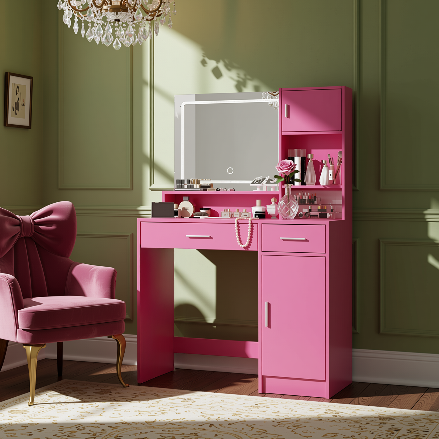 Homy Casa Matera 2PC Pink Vanity Set 35” Led Lighted Mirror Desk with CARNATION Pink Swivel Chair