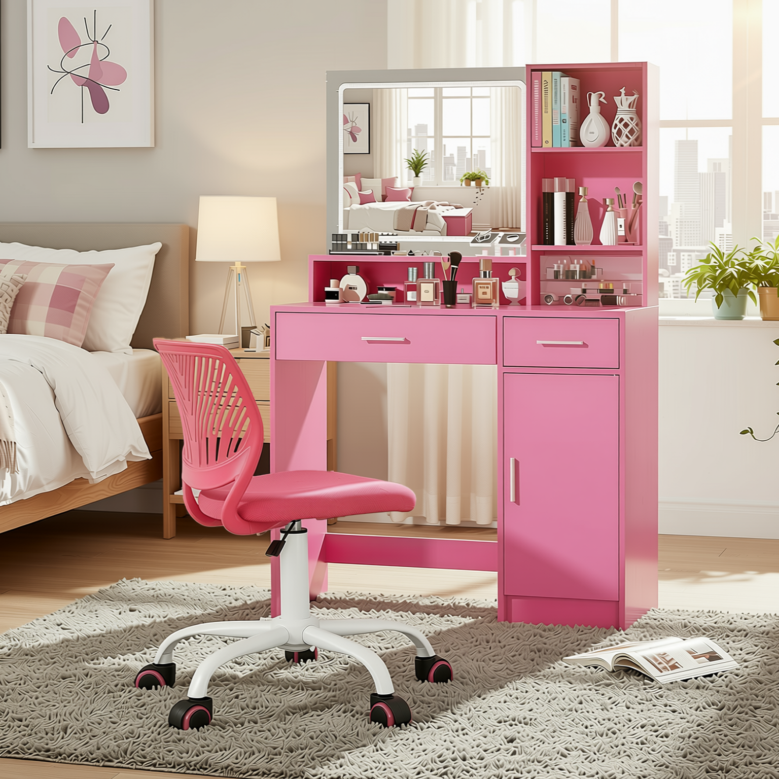 Matera Pink Vanity Set Lighted Mirror Desk with CARNATION Pink Swivel Chair