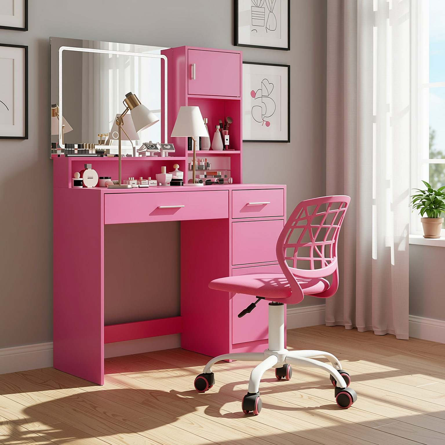 Matera Pink Vanity Set Lighted Mirror Desk with CARNATION Pink Swivel Chair