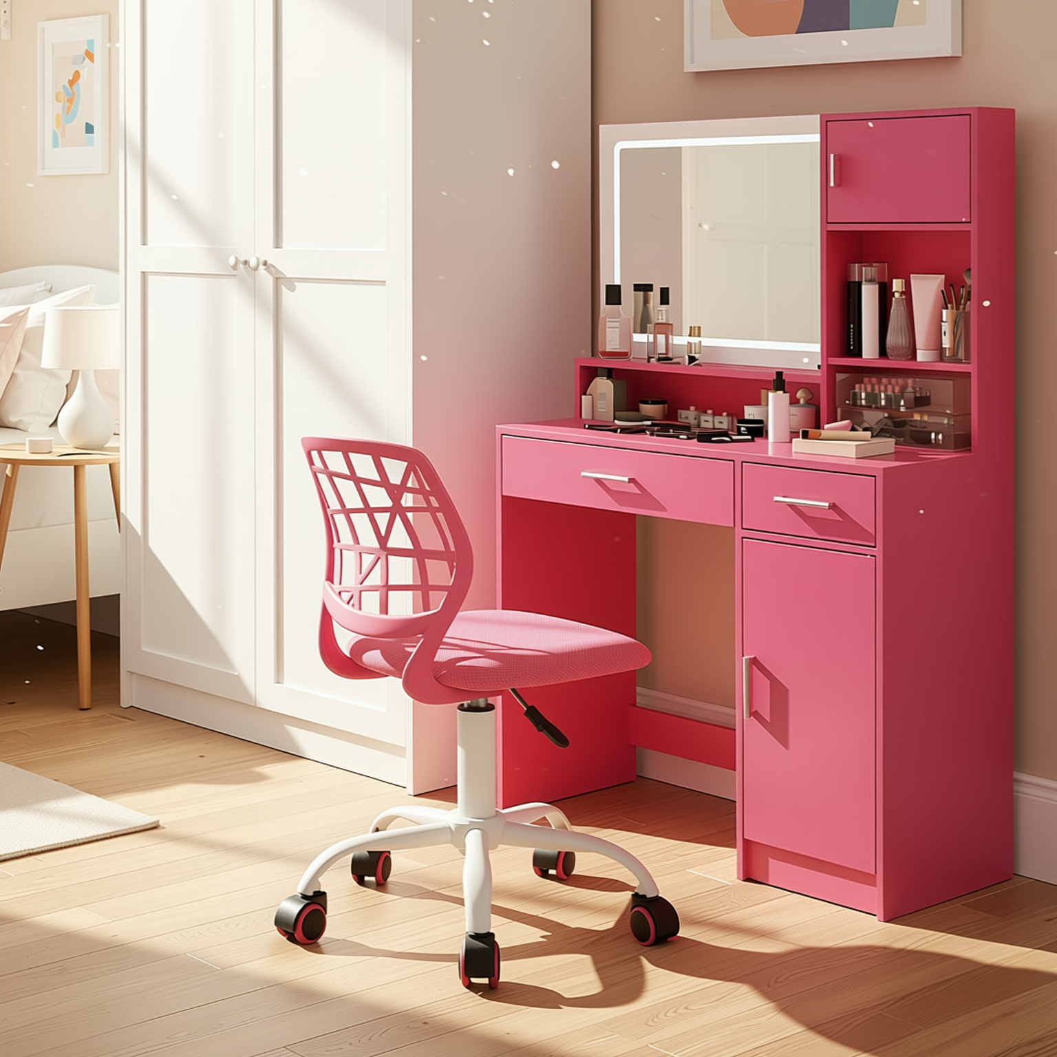 Matera Pink Vanity Set Lighted Mirror Desk with CARNATION Pink Swivel Chair