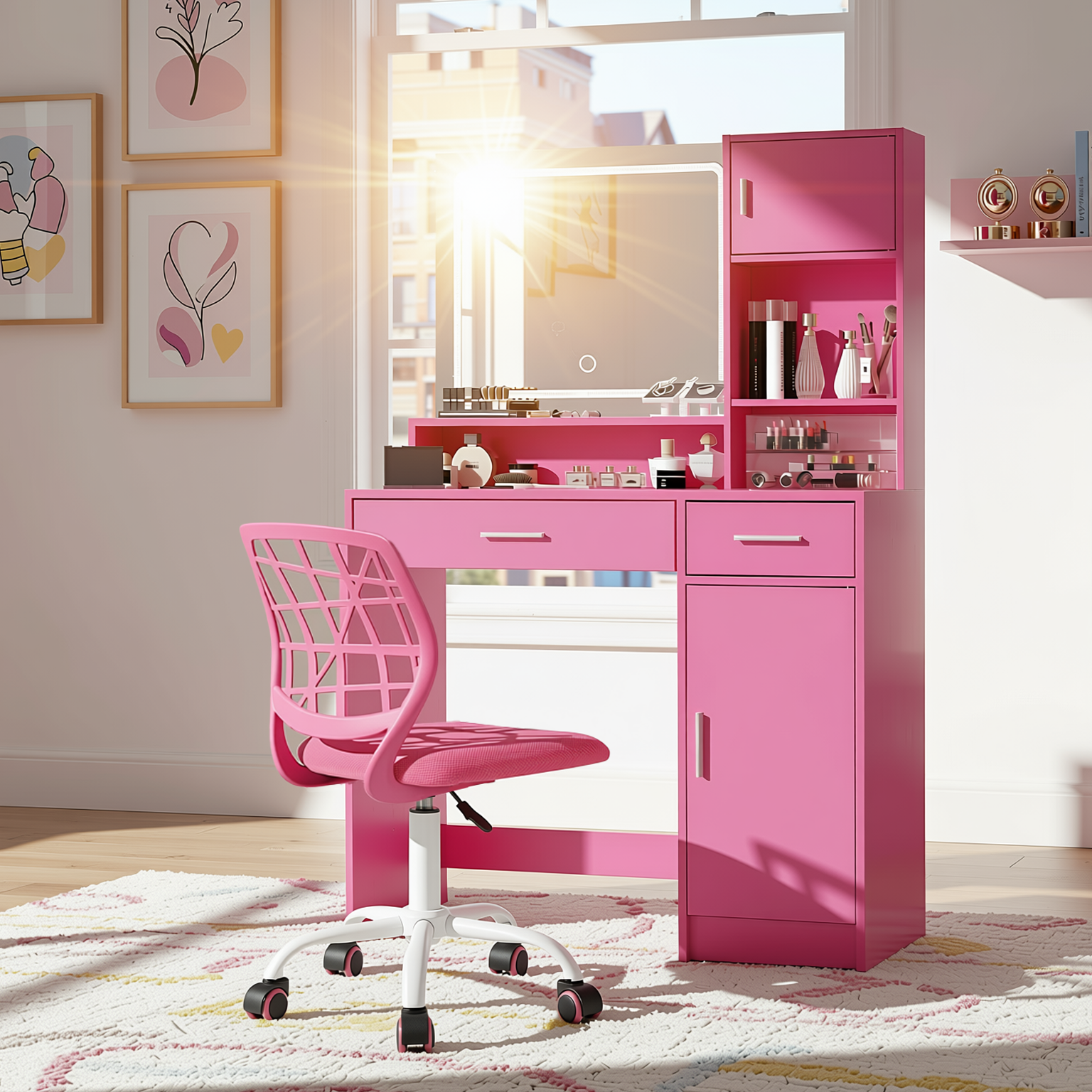 Matera Pink Vanity Set Lighted Mirror Desk with CARNATION Pink Swivel Chair
