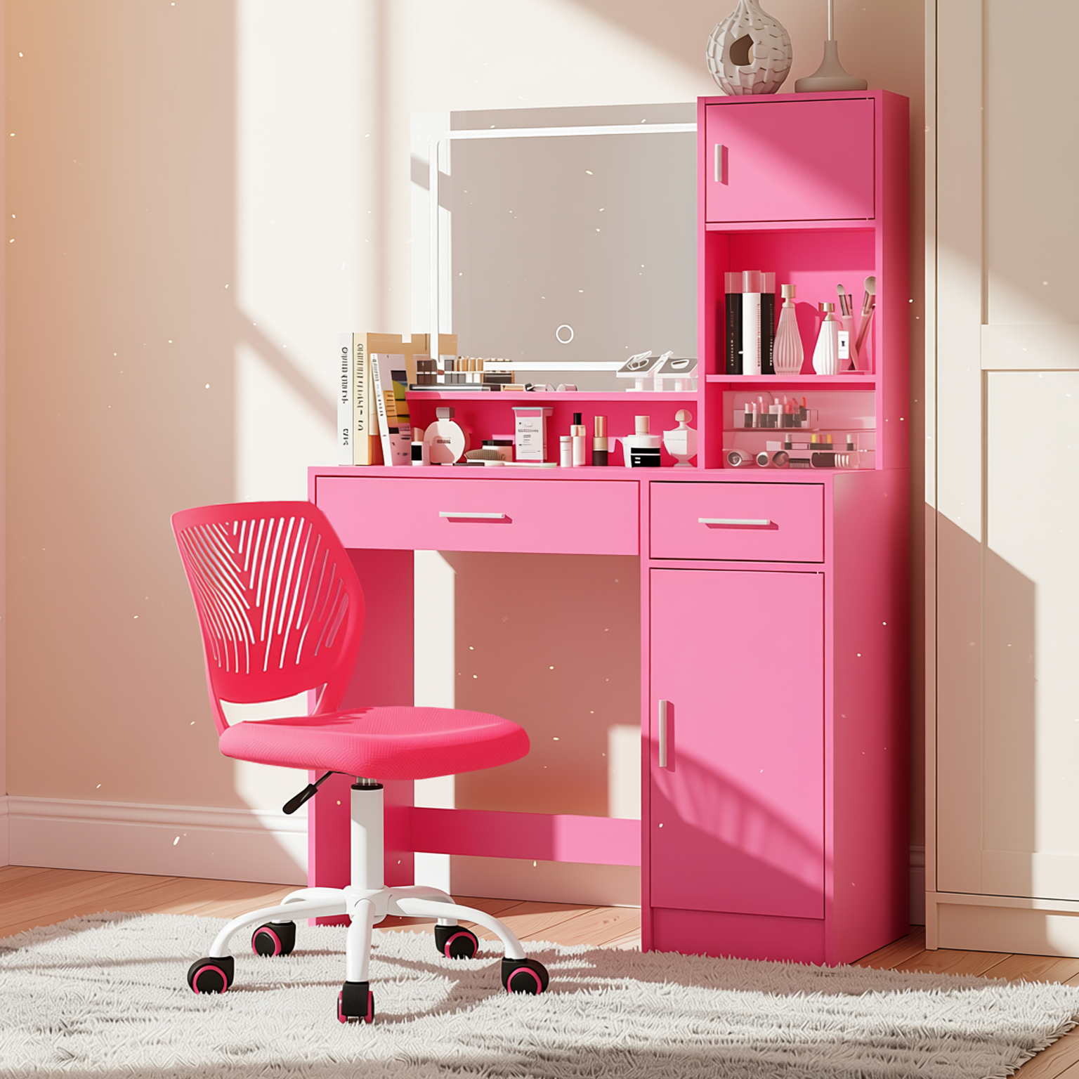 Matera Pink Vanity Set Lighted Mirror Desk with CARNATION Pink Swivel Chair