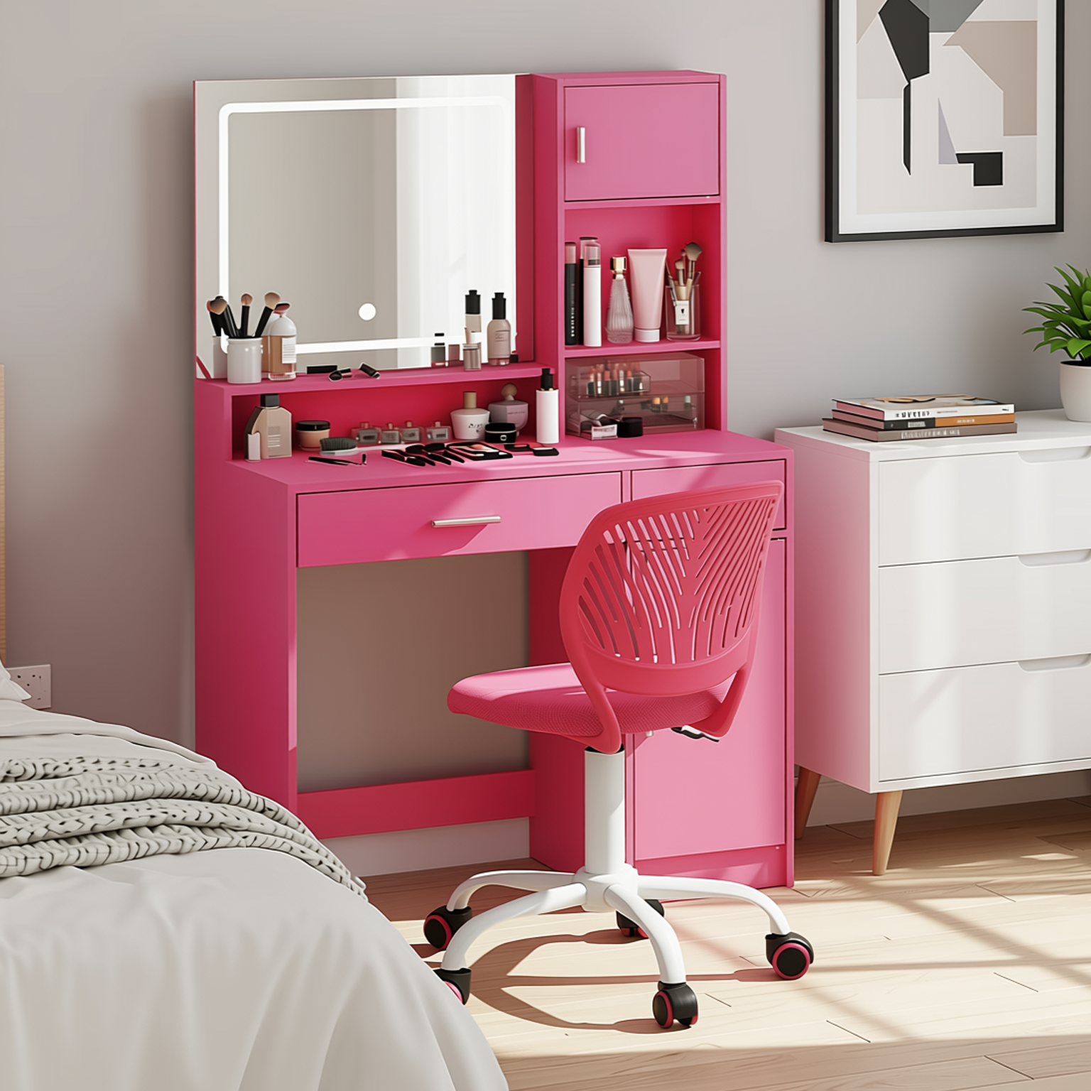 Homy Casa Matera 2PC Pink Vanity Set 35” Led Lighted Mirror Desk with CARNATION Pink Swivel Chair