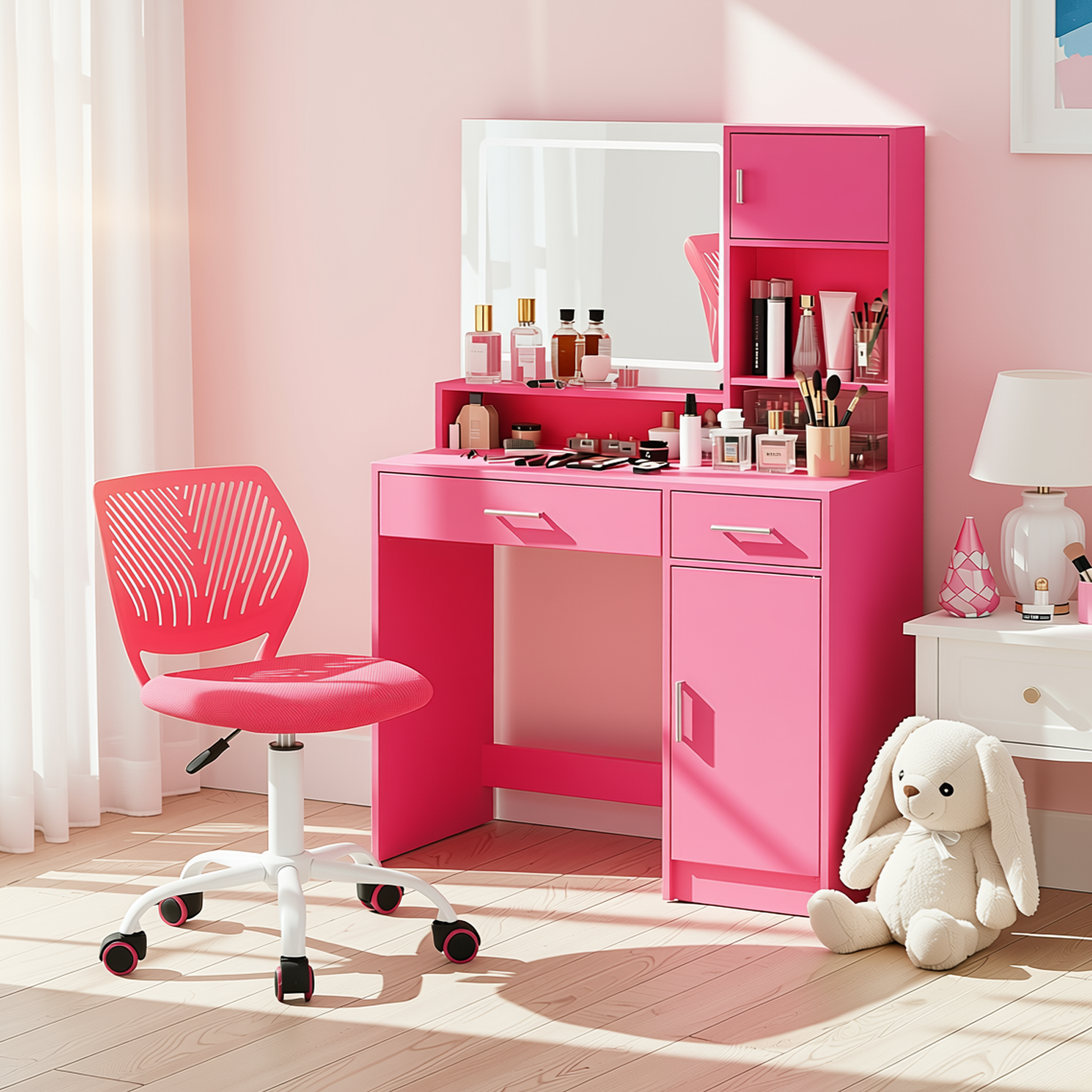 Matera Pink Vanity Set Lighted Mirror Desk with CARNATION Pink Swivel Chair